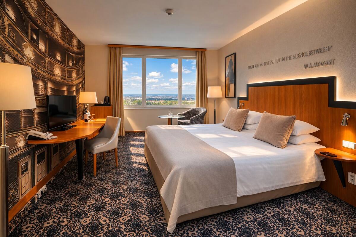 A hotel room with a large bed, a desk with a TV, a chair, a small table, and a view of the city through the window.