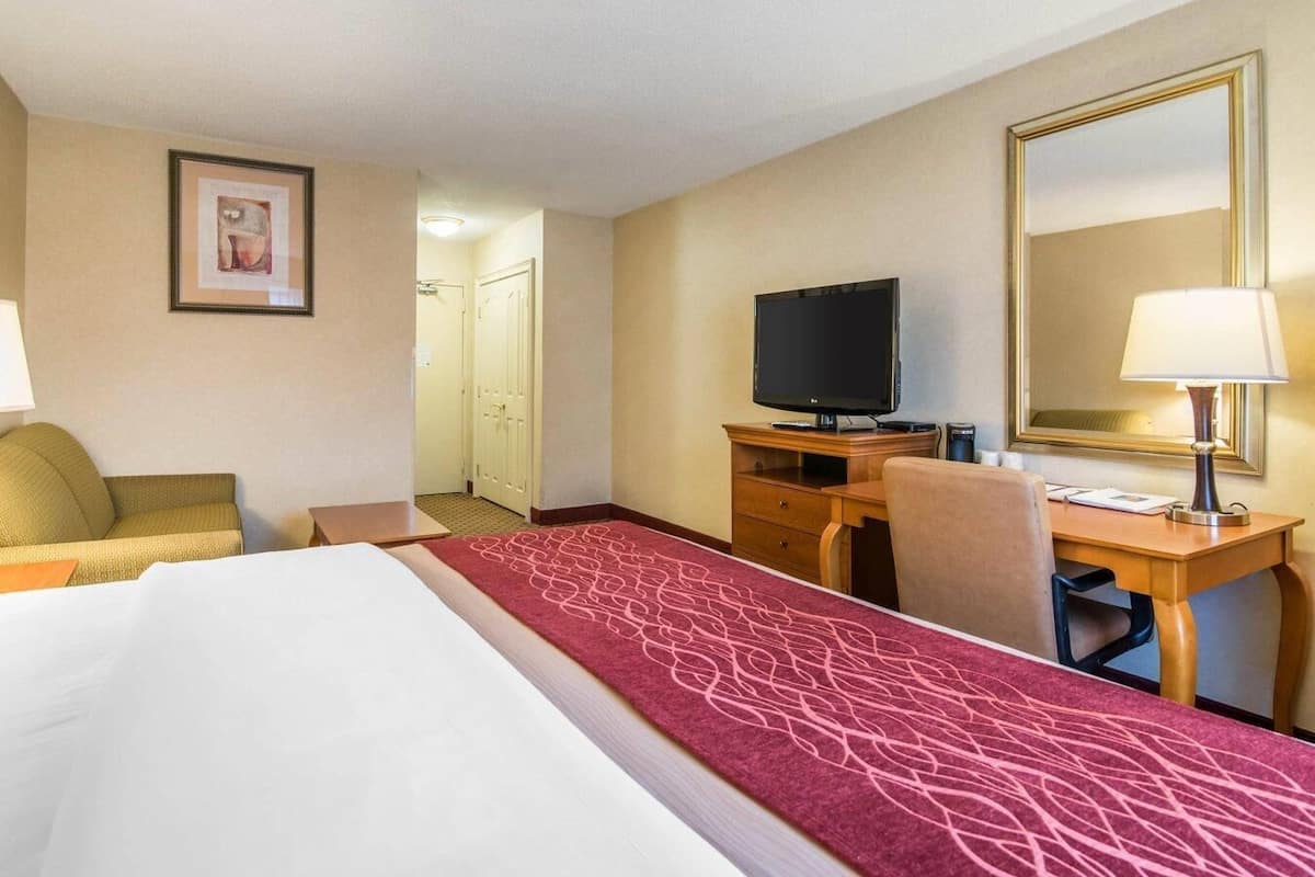 A hotel room with a bed, a desk with a television, a chair, a desk lamp, and a mirror.