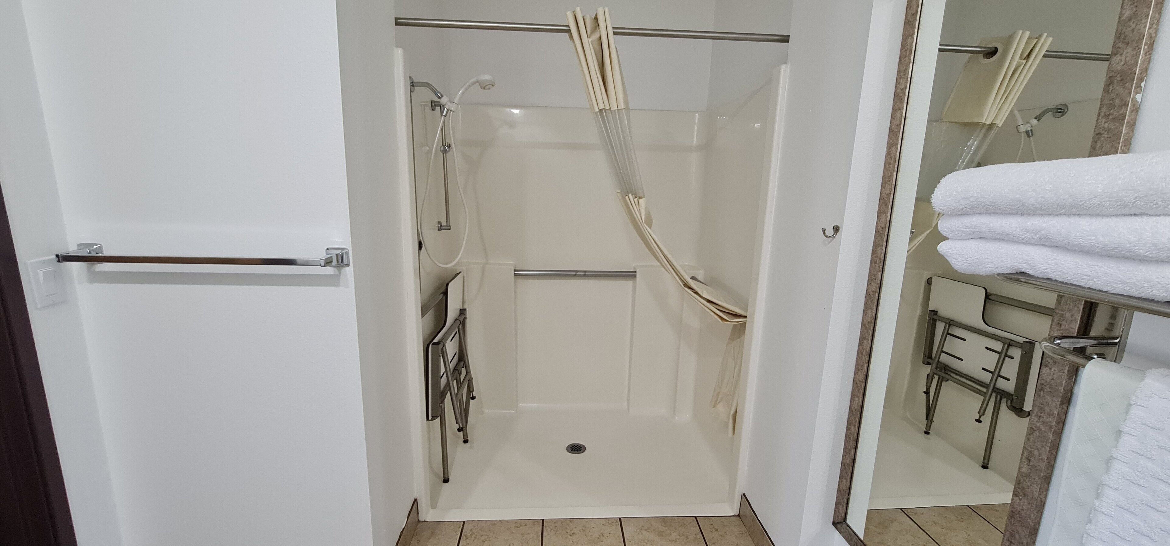 A shower area with a glass door, a towel rack, and a mirror.