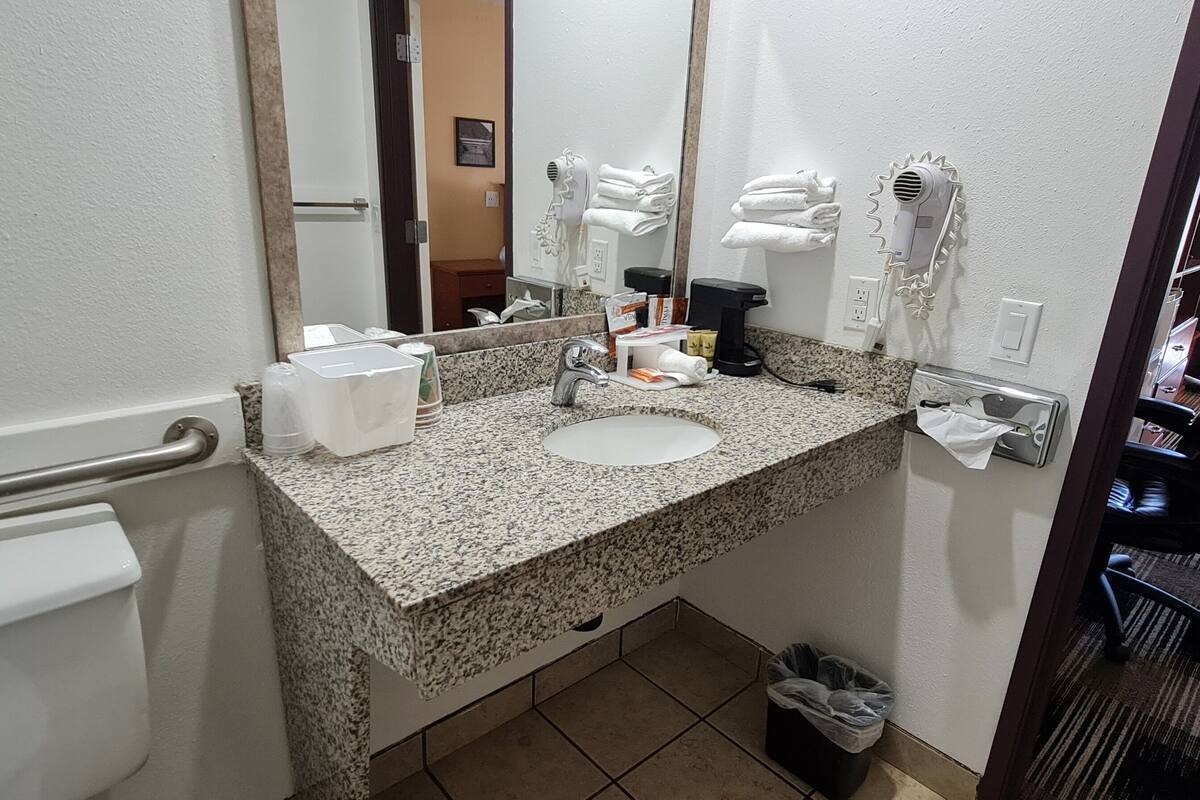 single room, 1 king bed, accessible | bathroom | eco-friendly toiletries, hair dryer, towels