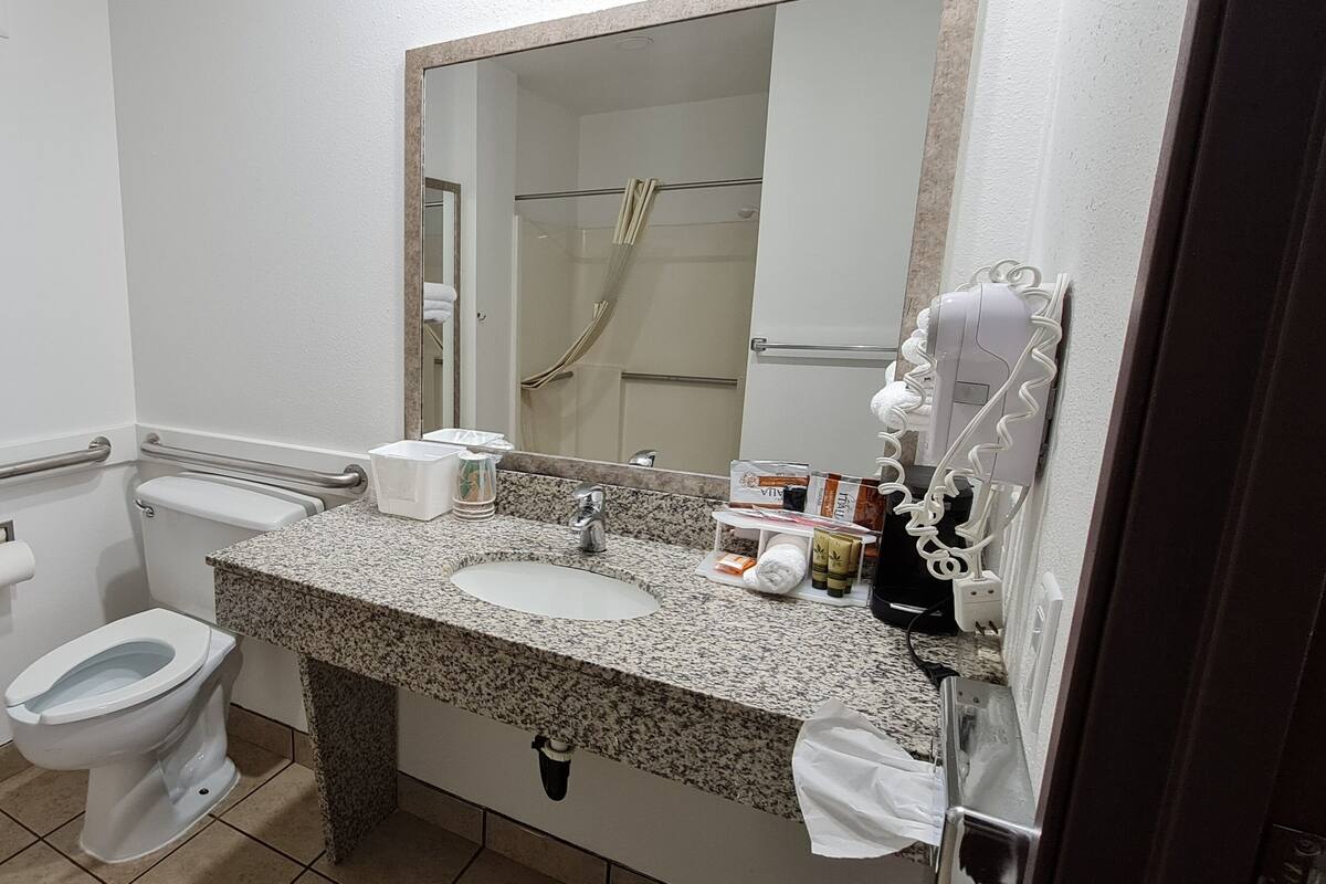 single room, 1 king bed, accessible | bathroom | eco-friendly toiletries, hair dryer, towels