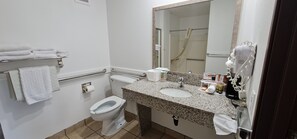 Single Room, 1 King Bed, Accessible | Bathroom | Eco-friendly toiletries, hair dryer, towels