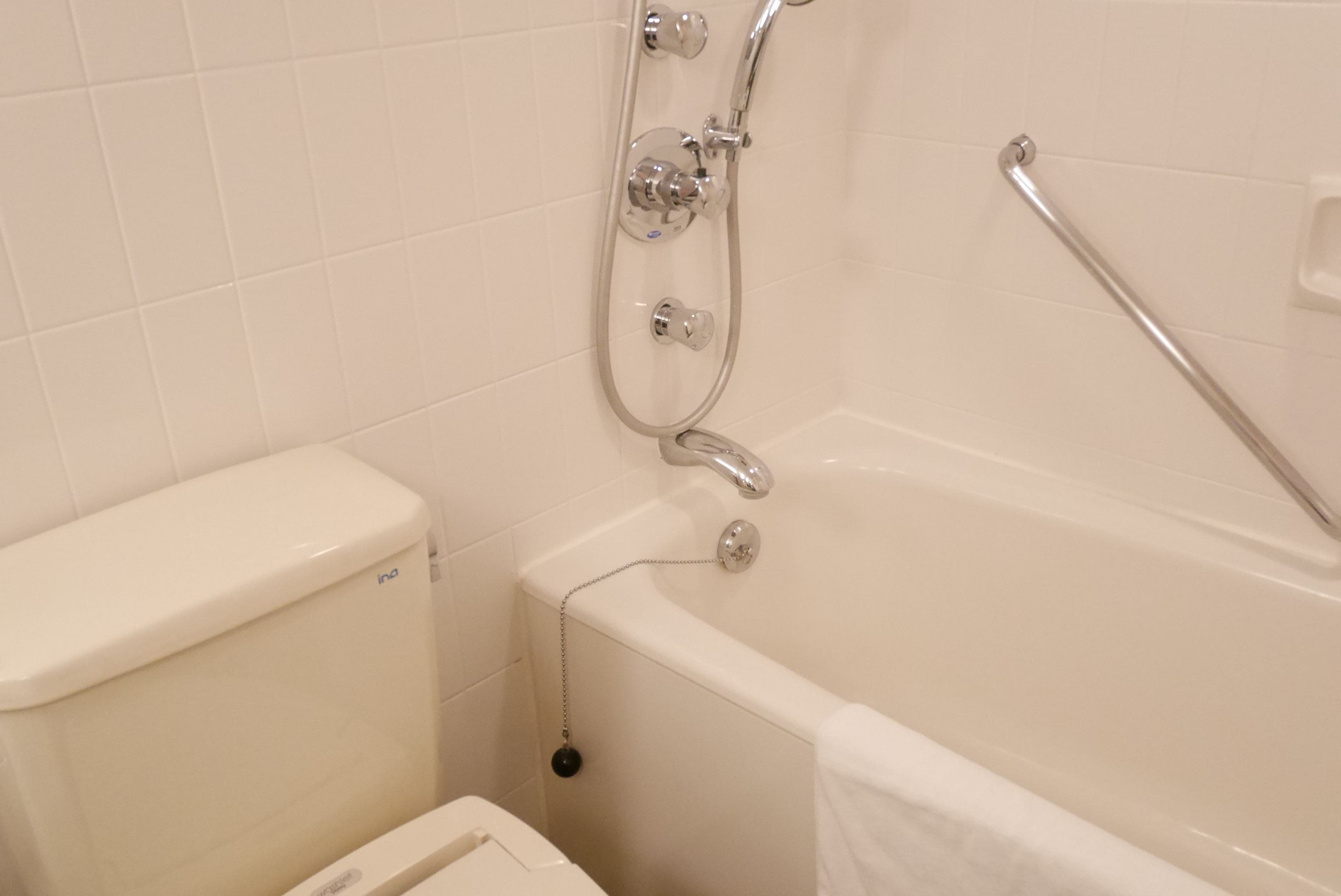 A bathroom with a white toilet, a bathtub, and a shower with a handheld showerhead.