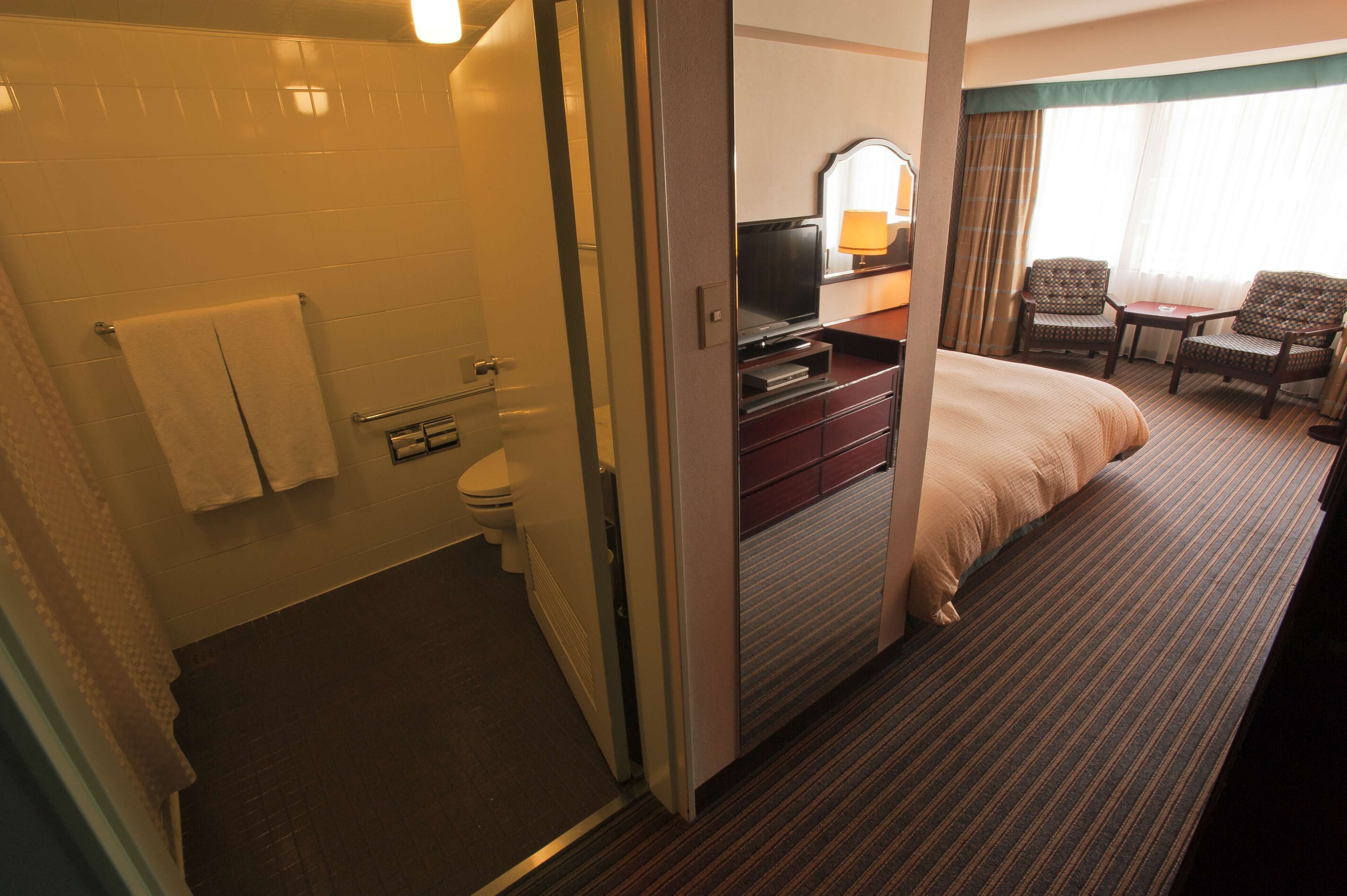 A hotel room with a shower, toilet, bed, TV, and two chairs.