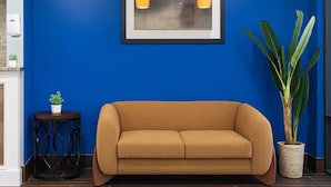 A room with a blue wall, a framed artwork, a sofa, a small table with a plant, and a potted plant.