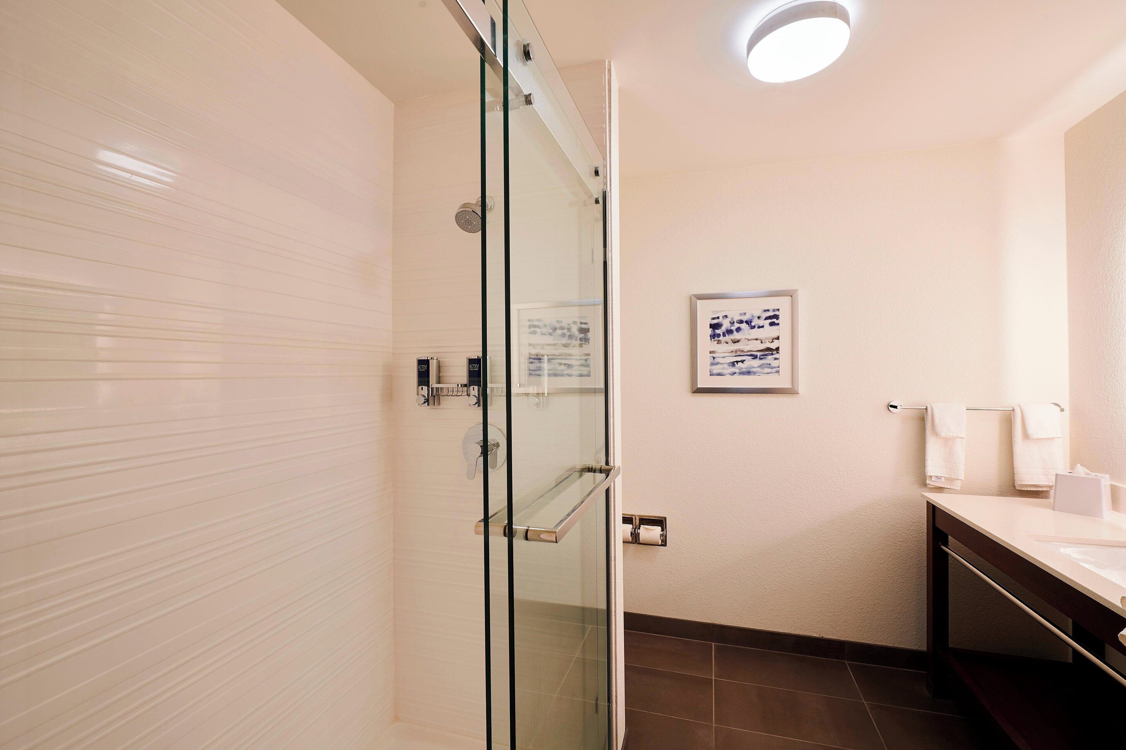 A modern bathroom with a glass shower enclosure, a white sink, and a framed artwork on the wall.