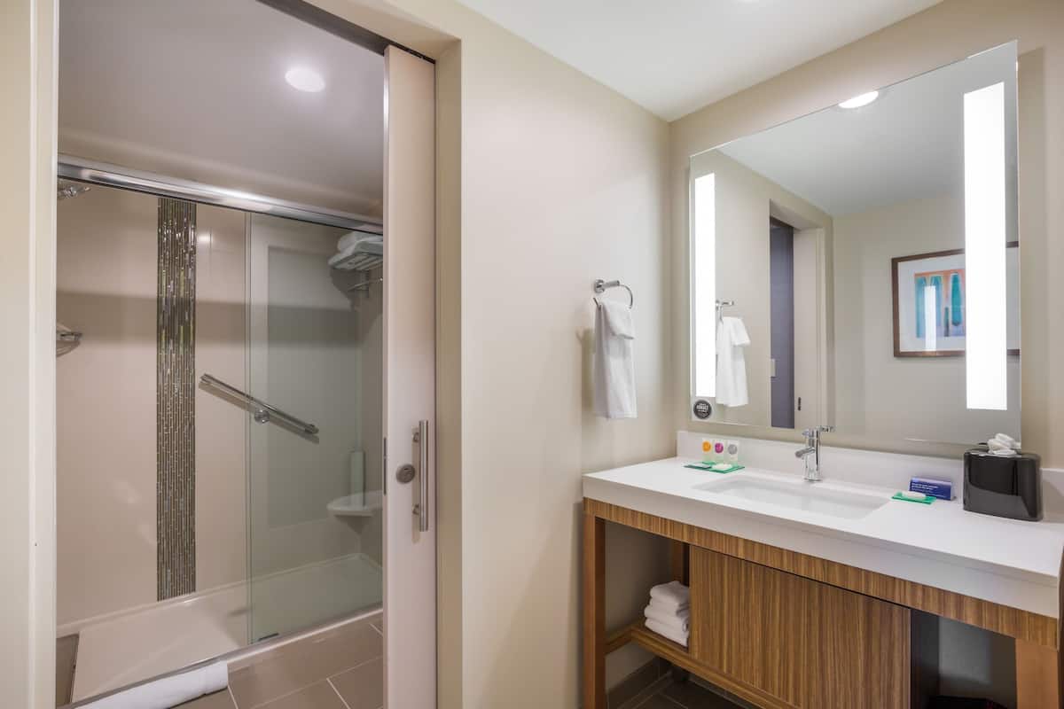 A modern bathroom with a glass-enclosed shower, a white sink with a large mirror, and wooden cabinetry.