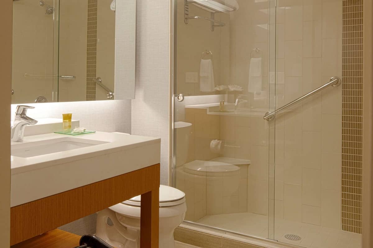 Designer toiletries, hair dryer, towels, soap