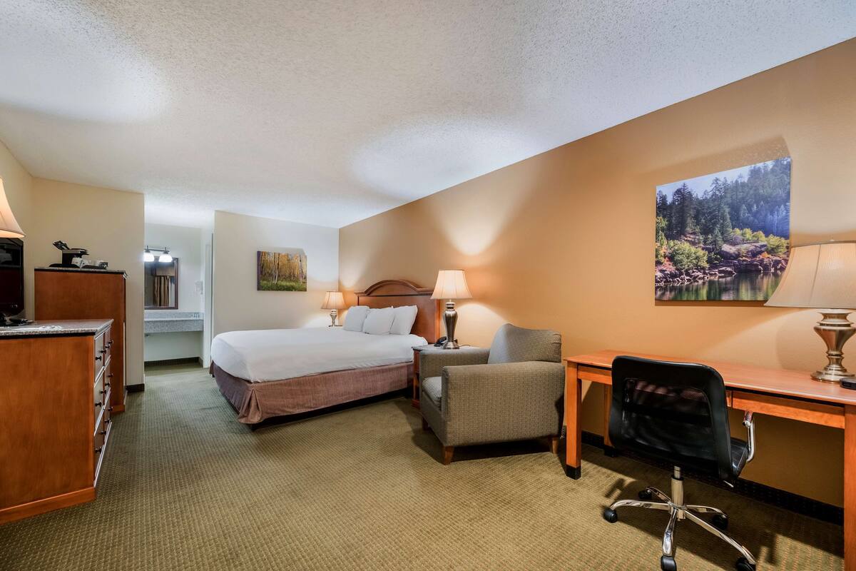 Una habitación de hotel con cama, escritorio, silla y un cuadro en la pared.