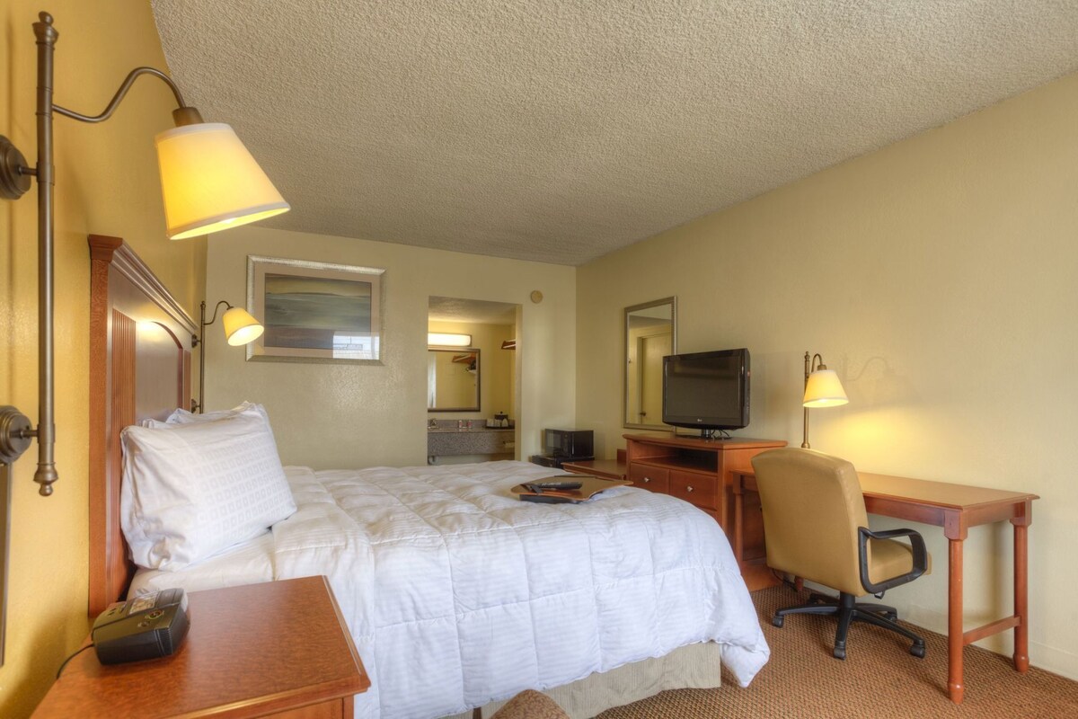 A hotel room with a bed, desk, chair, television, and a mirror.