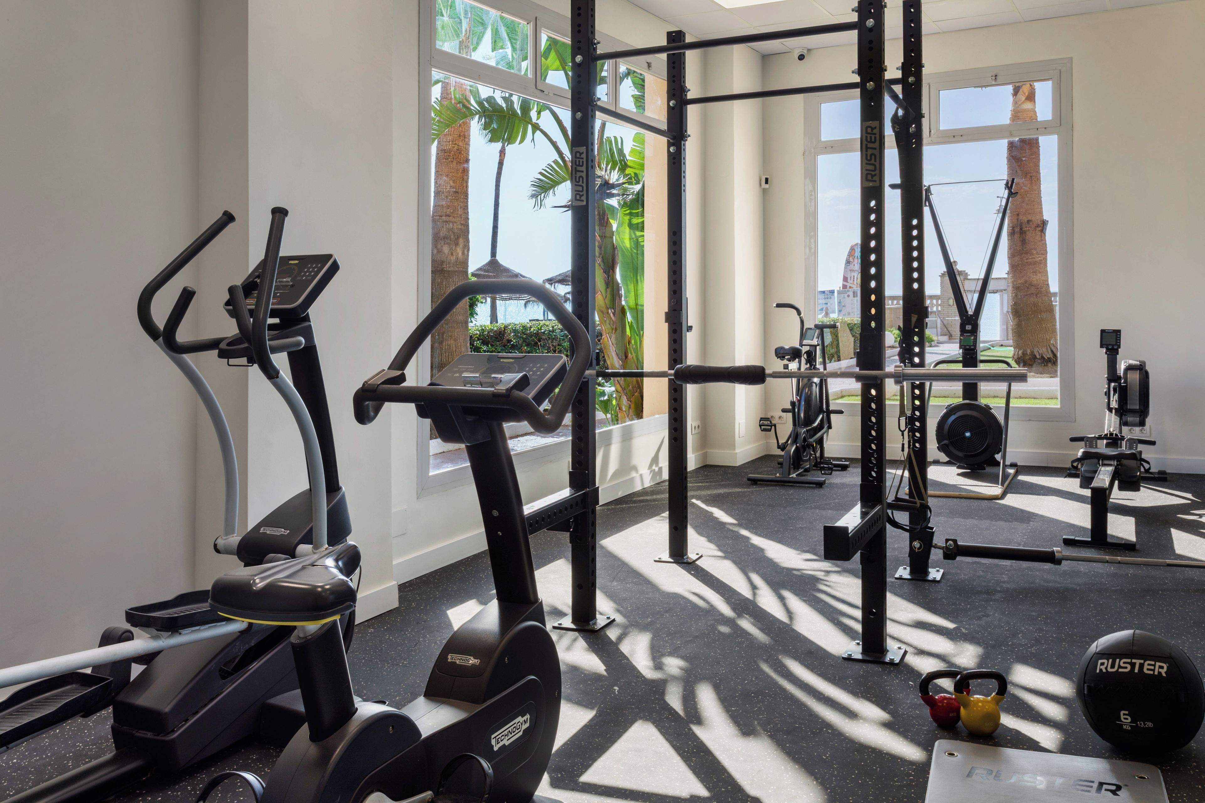 A gym with exercise equipment, a weight bench, and a view of palm trees through large windows.