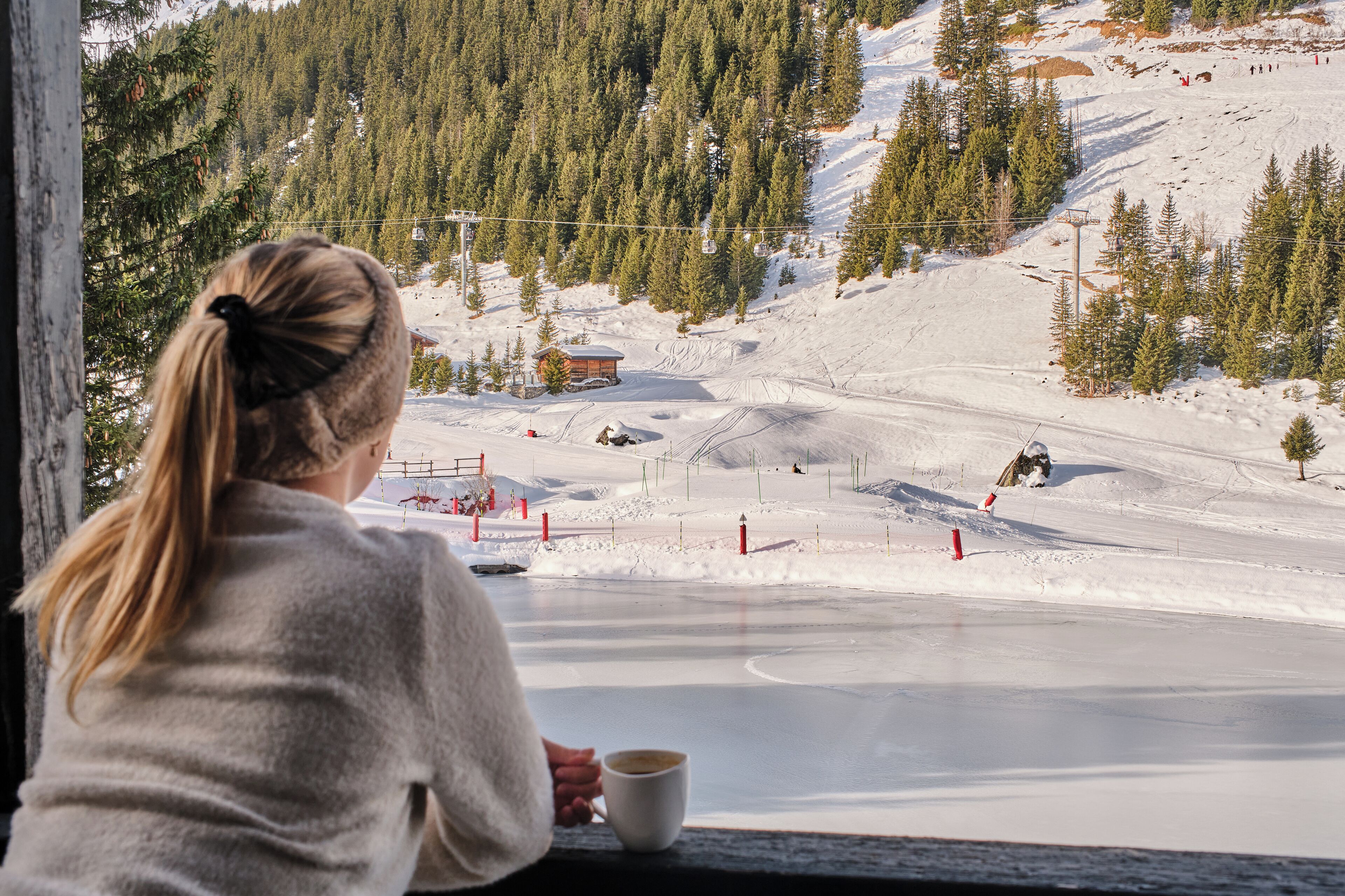 A person seated by a window overlooking a snowy mountain landscape with trees and a ski slope.