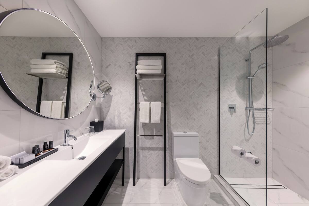 Ein modernes Badezimmer mit großem Spiegel, einer behindertengerechten Dusche, Toilette und Waschbecken mit Handtuchhalter.