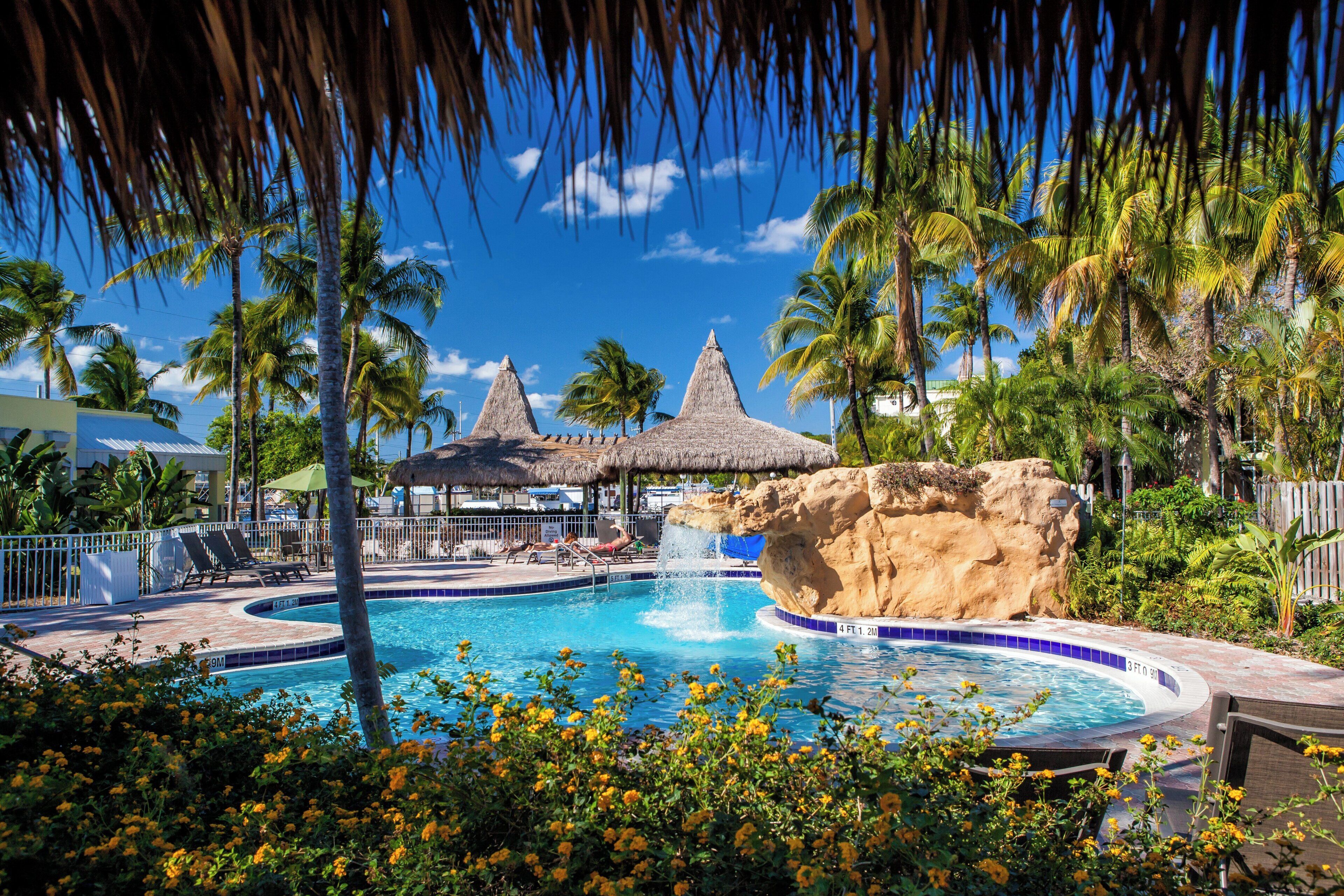 A pool with a rock feature, lounge chairs, and palm trees.