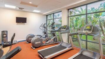 Une salle de sport équipée de tapis de course, d’appareils elliptiques et de vélos d’appartement.