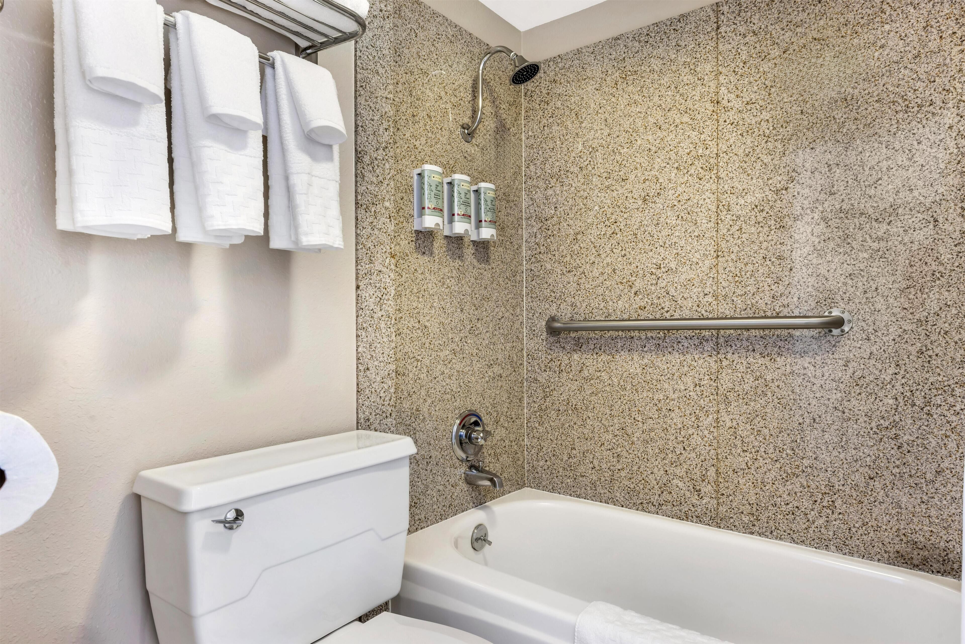 A bathroom with a bathtub, a toilet, and a shower.
