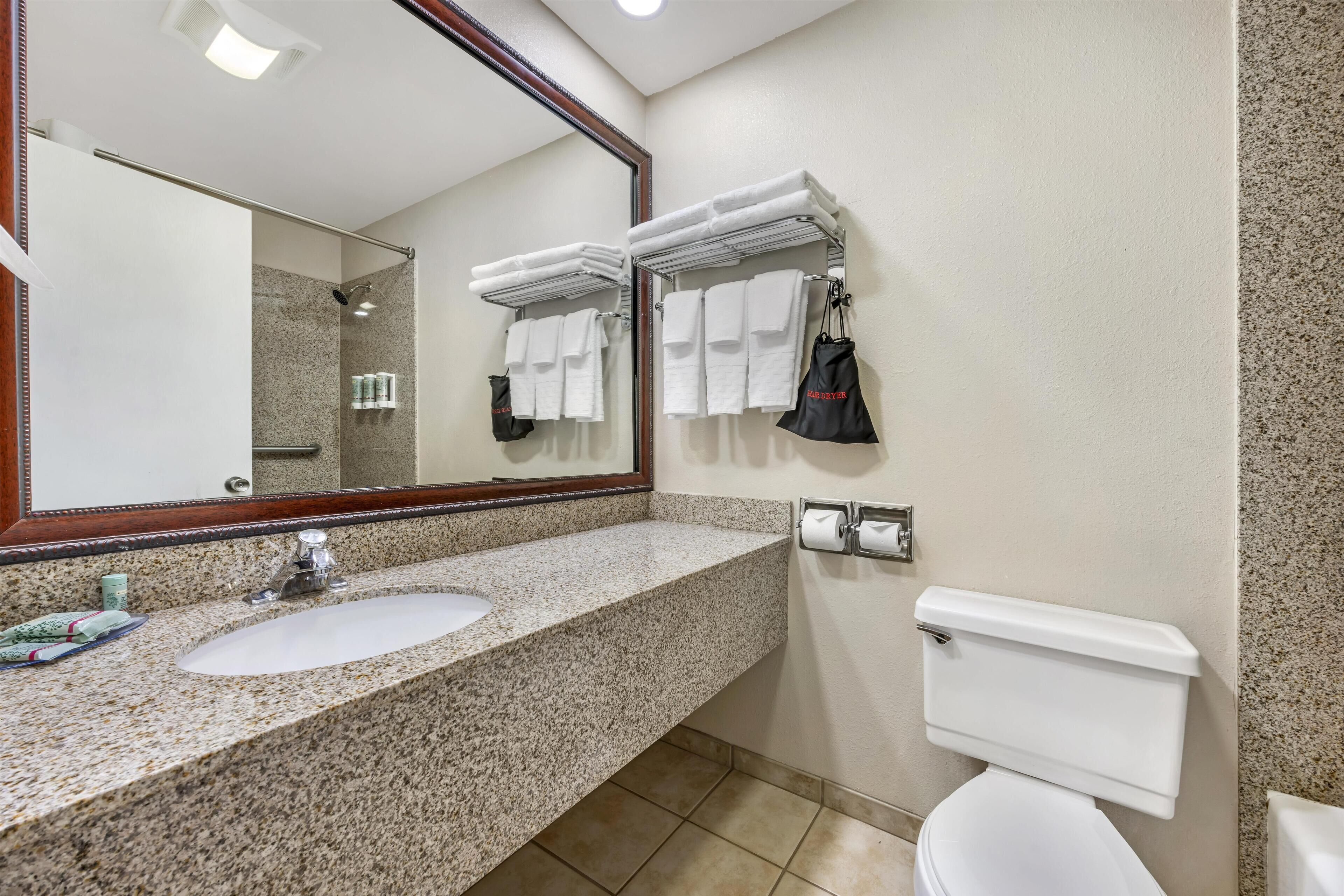 Une salle de bain avec un lavabo doté d’un plan de travail en granit, un miroir, un porte-serviettes avec des serviettes pliées, des toilettes et une poubelle.