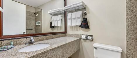 Une salle de bain avec un lavabo doté d’un plan de travail en granit, un miroir, un porte-serviettes avec des serviettes pliées, des toilettes et une poubelle.