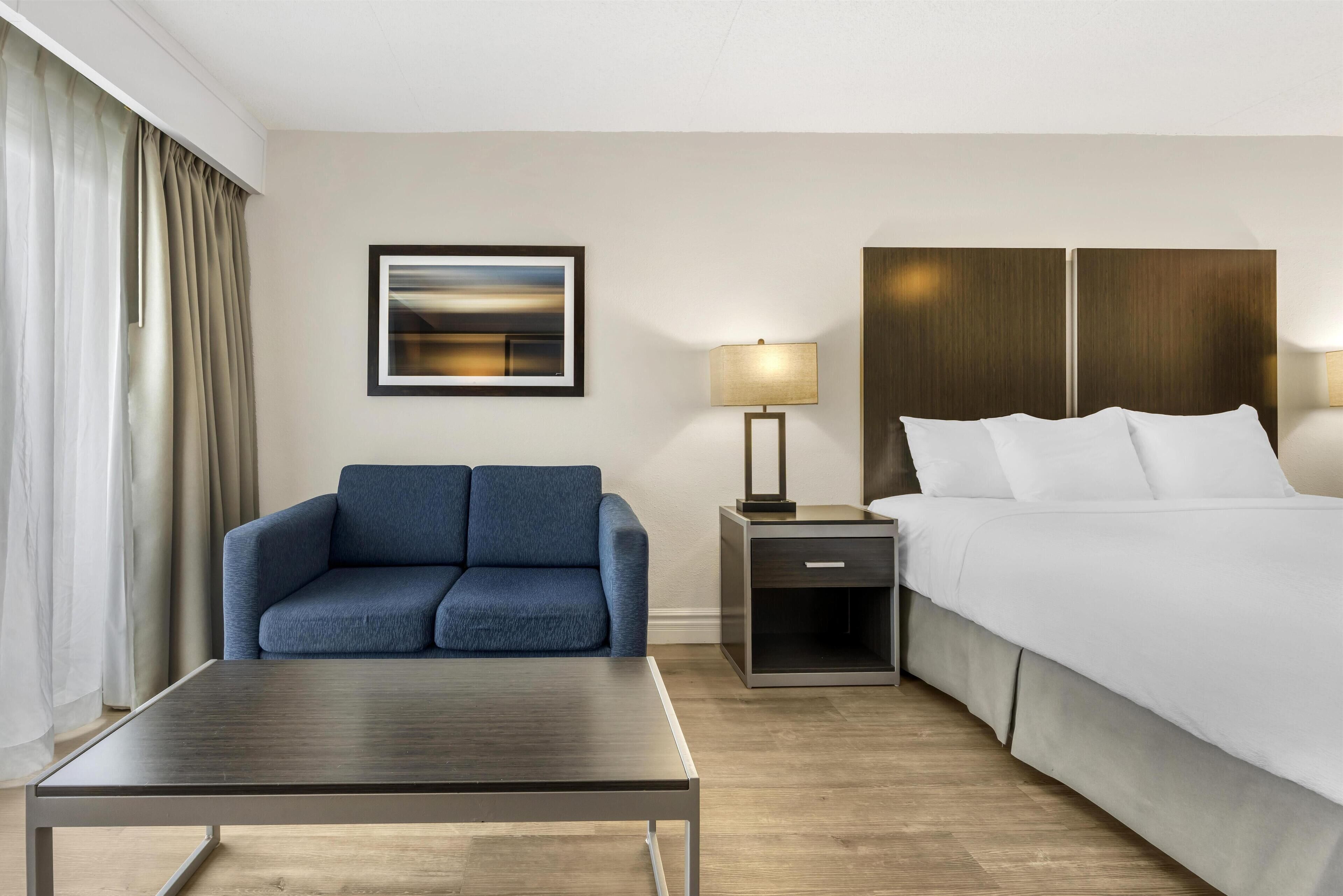 Une chambre d’hôtel avec un lit, un canapé, une table de chevet avec une lampe, un tableau encadré au mur et une fenêtre avec des rideaux.