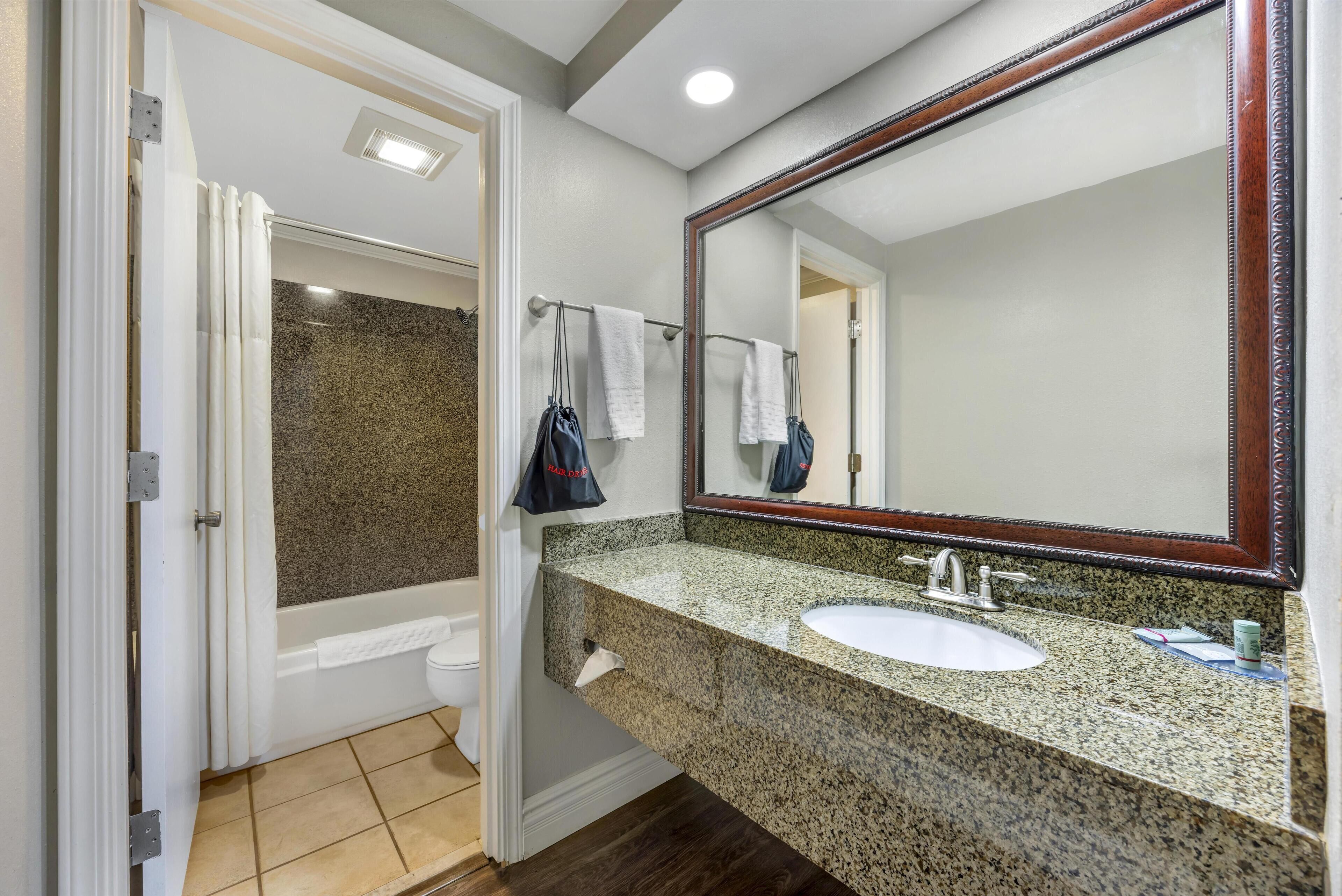 A bathroom with a granite countertop sink, a large mirror, and a shower area.