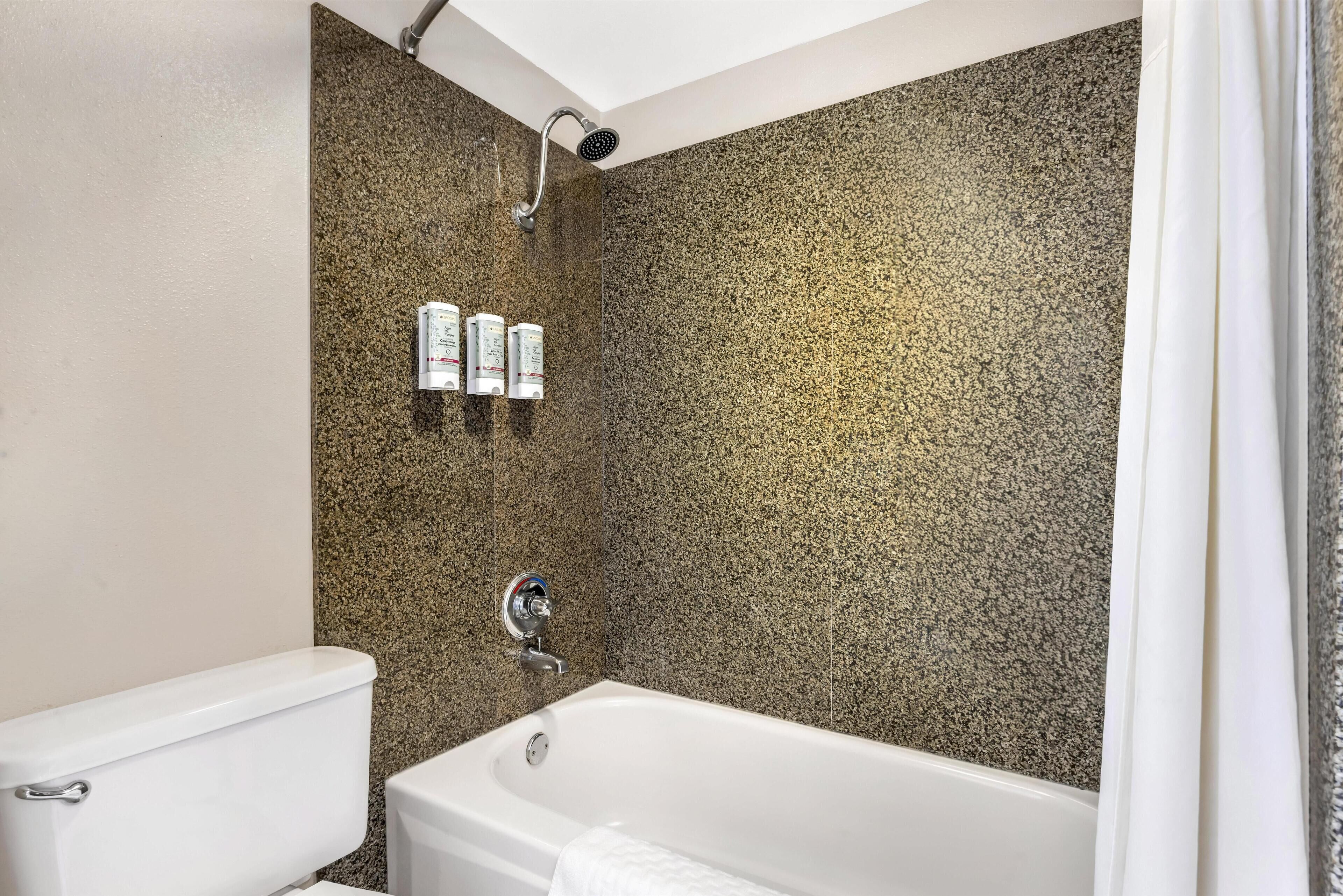 Un baño con bañera, ducha e inodoro.