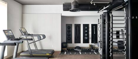 A gym with treadmills, a squat rack, and various weights.