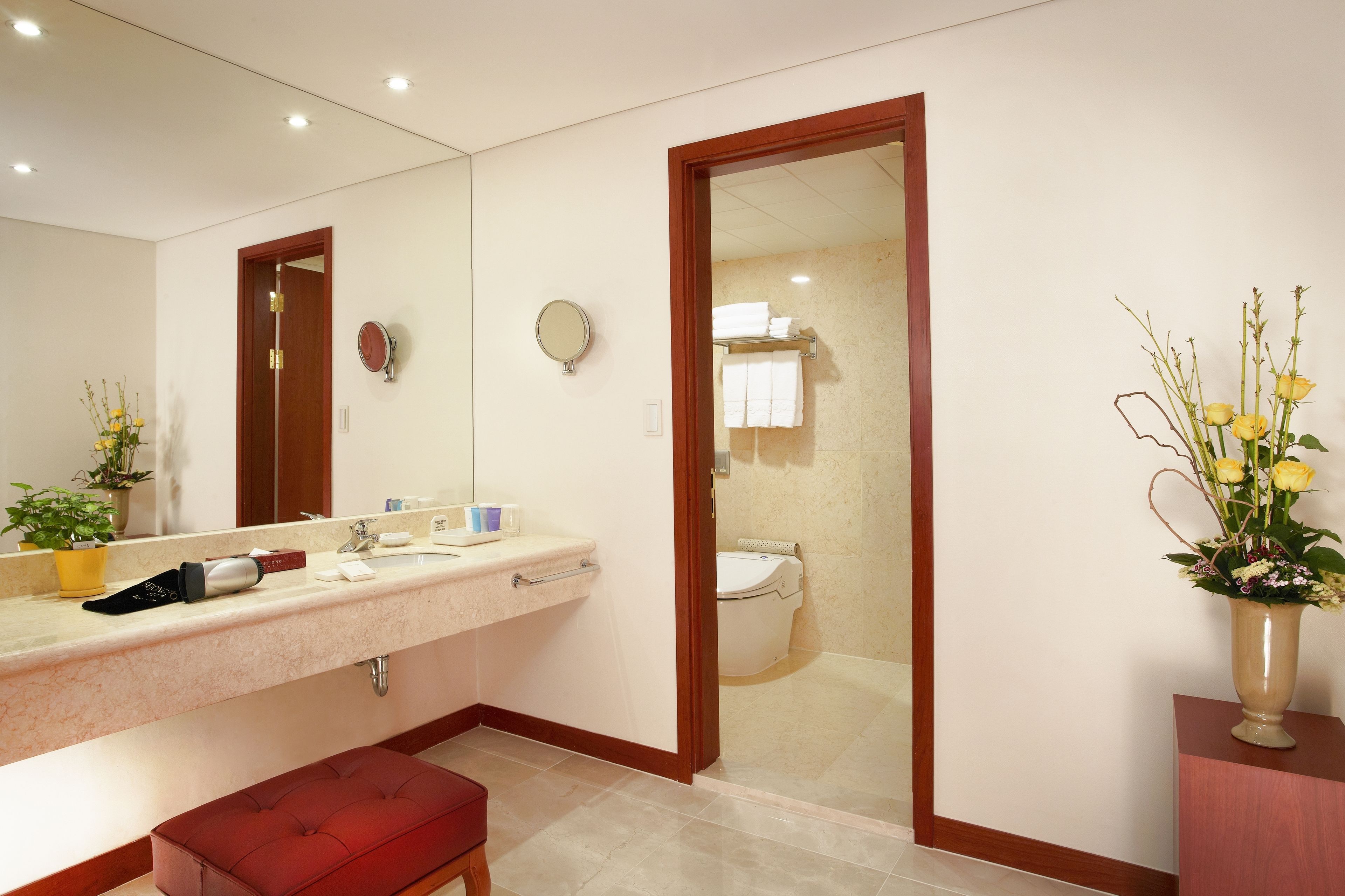 A modern bathroom with a large mirror, a sink with a towel rack, and a toilet visible through a doorway.