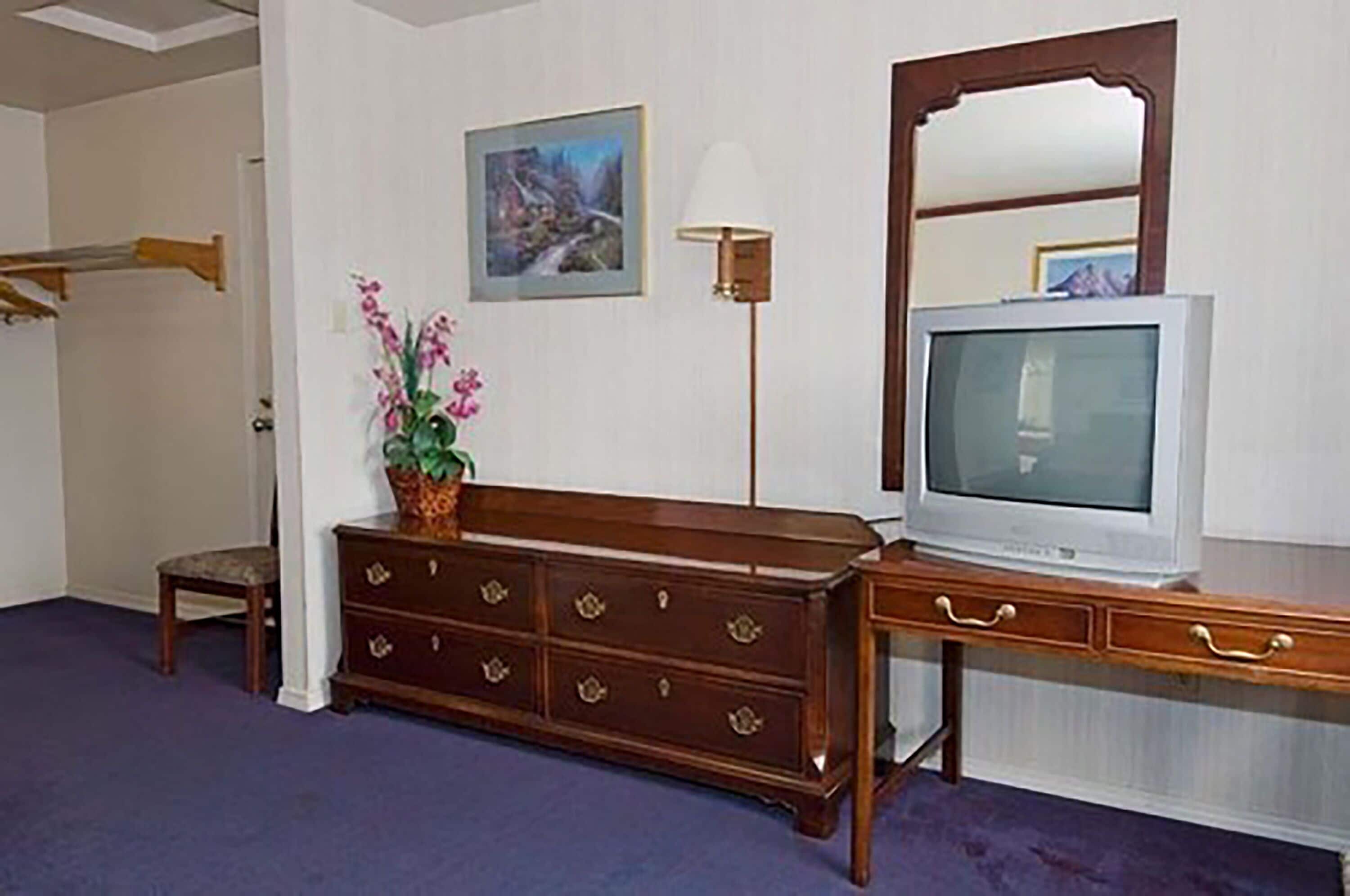Una habitación con un aparador de madera, una televisión, una lámpara y un cuadro en la pared.