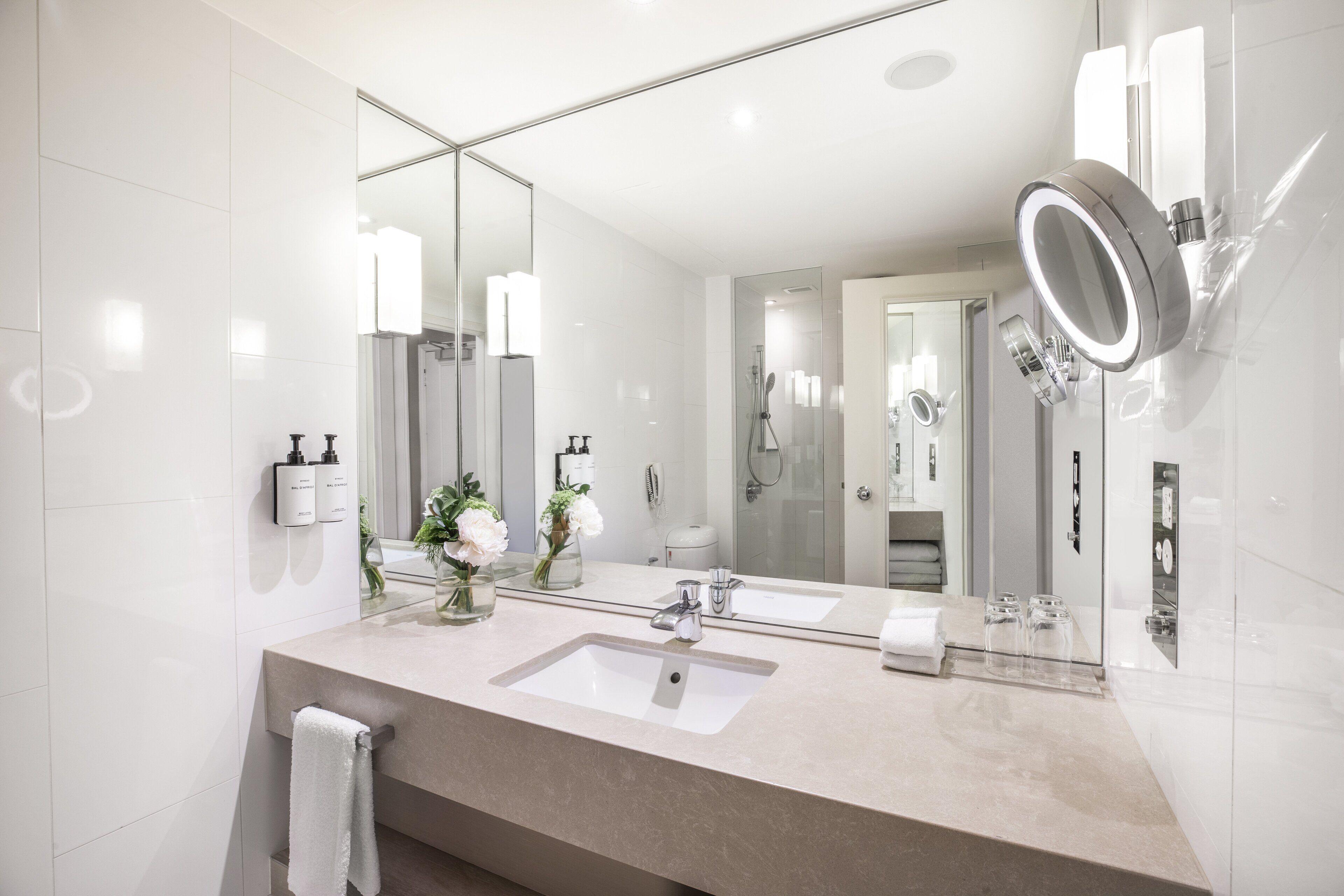 shower, rainfall showerhead, designer toiletries, hair dryer