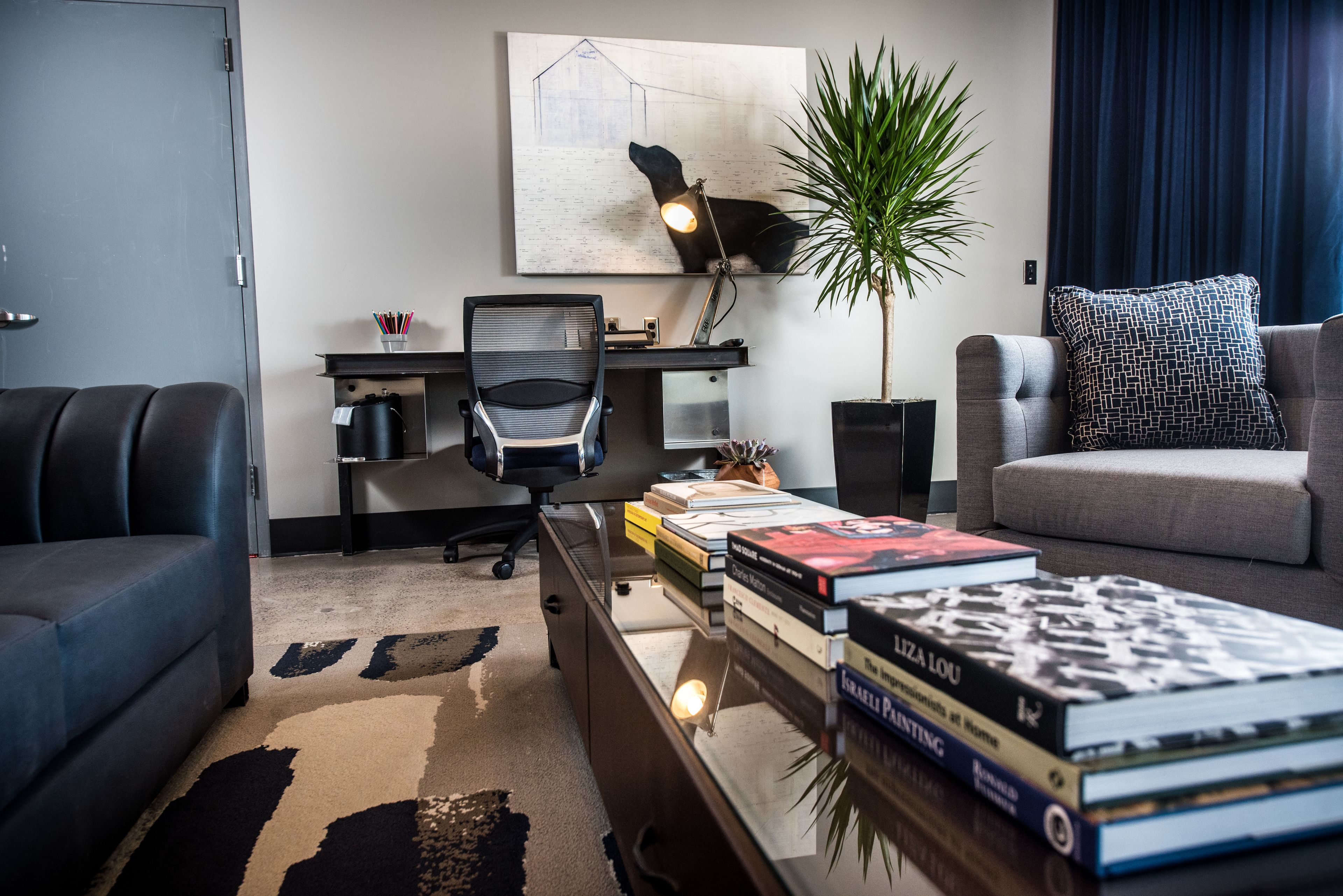 A modern living room with a sofa, a coffee table with books, a desk with a chair, a lamp, and a large plant.