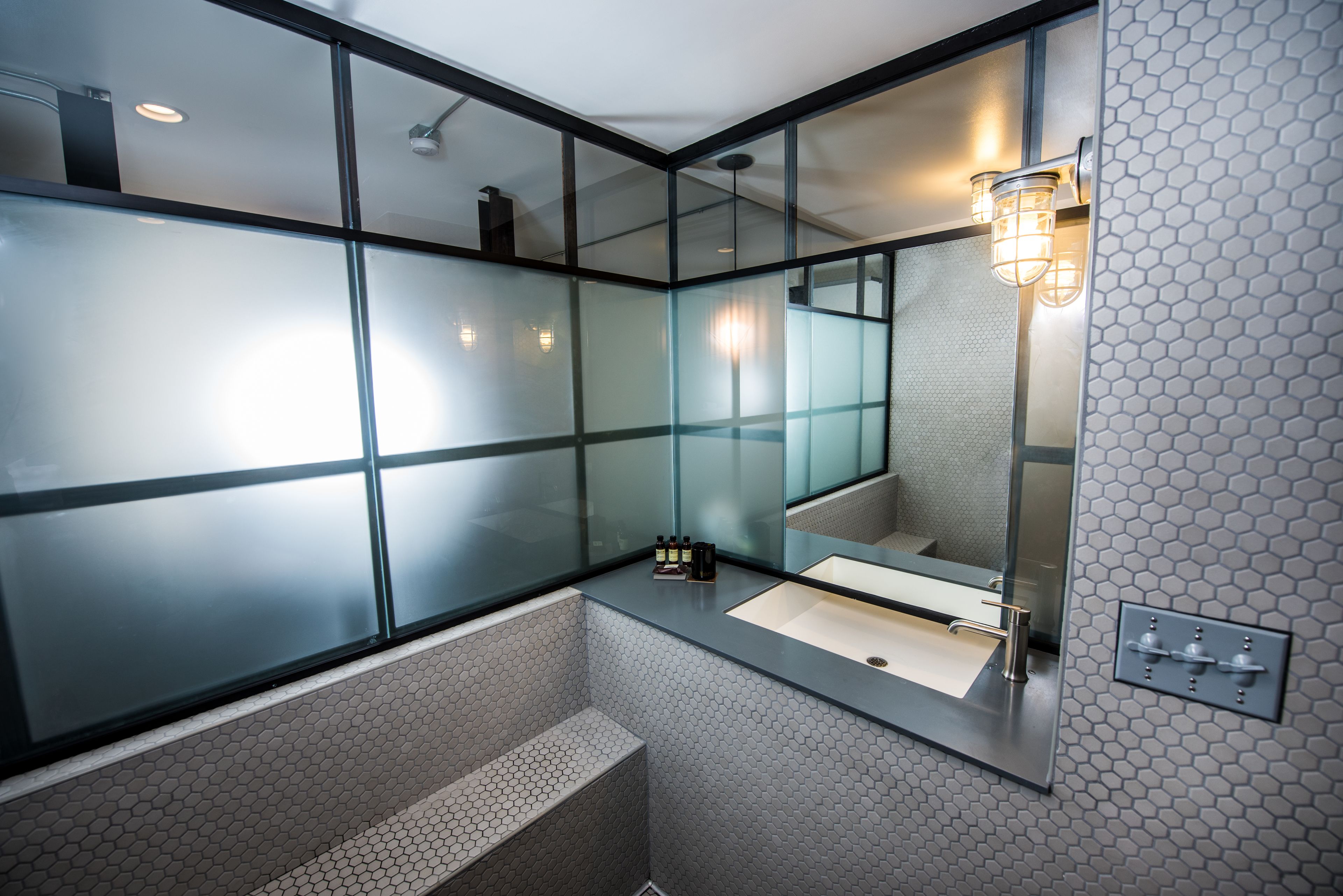 shower, rainfall showerhead, designer toiletries, hair dryer