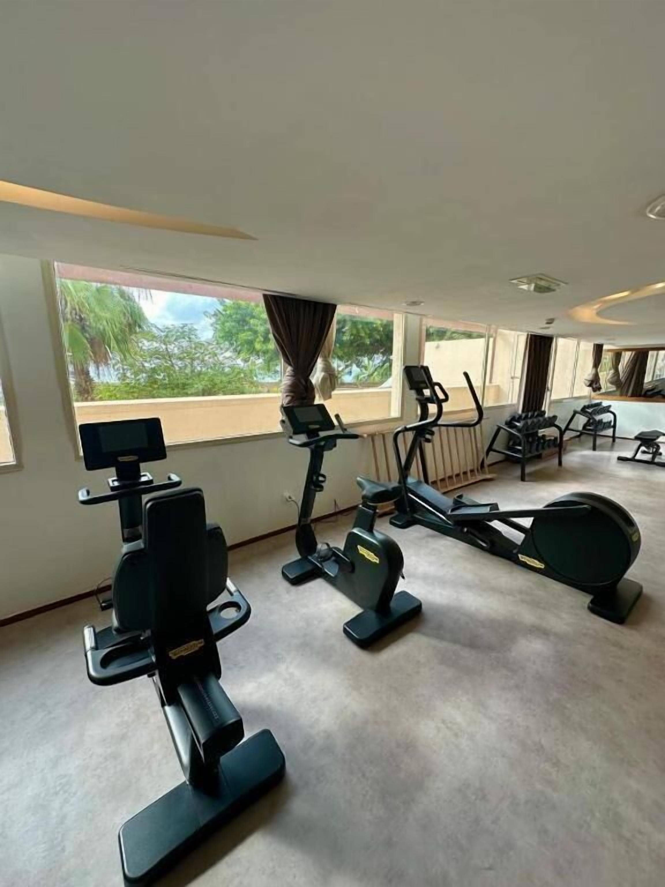 Ein Fitnessraum mit Cardiogeräten, großen Fenstern und Blick auf Grünflächen.