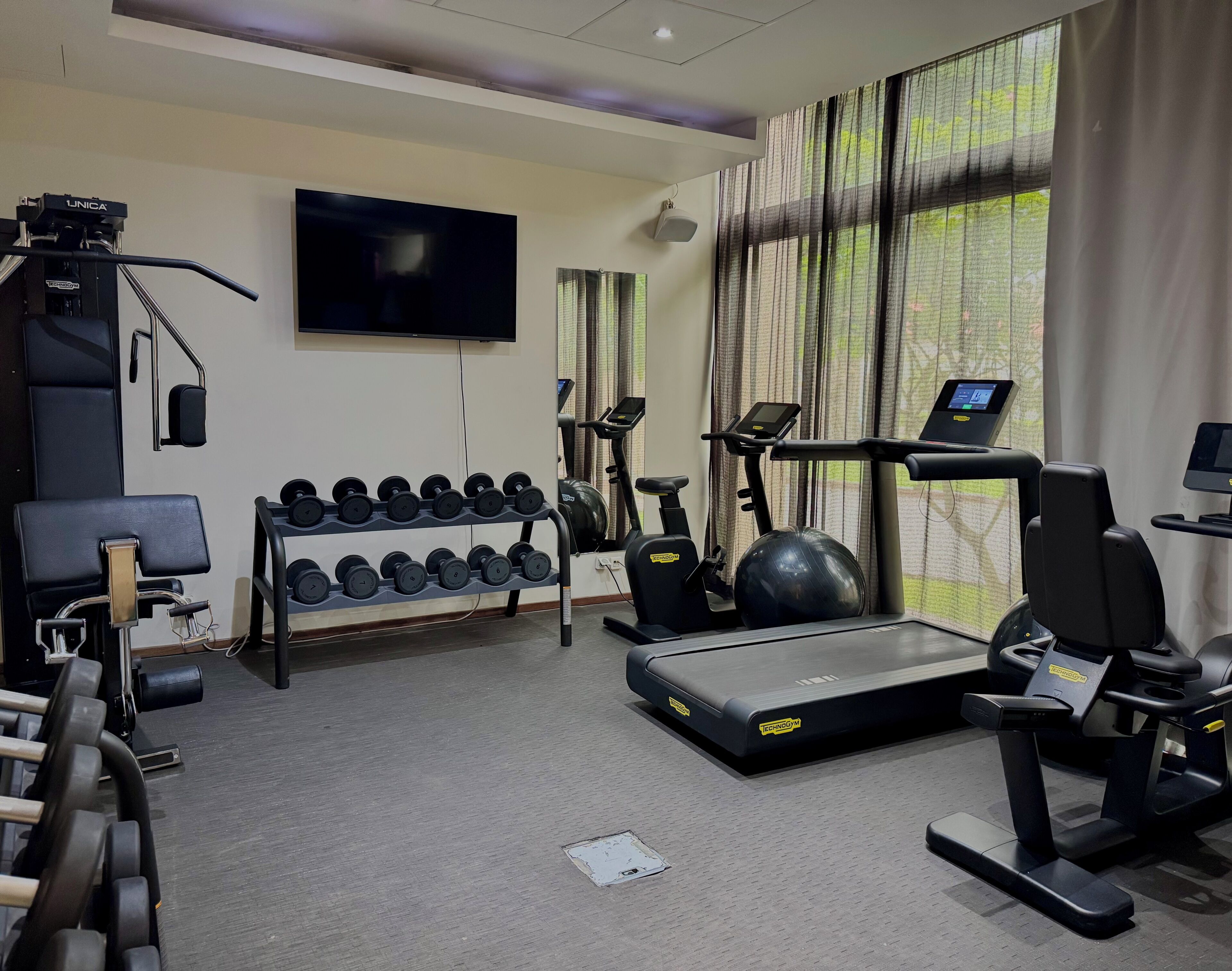 A gym with a treadmill, stationary bike, and dumbbells.