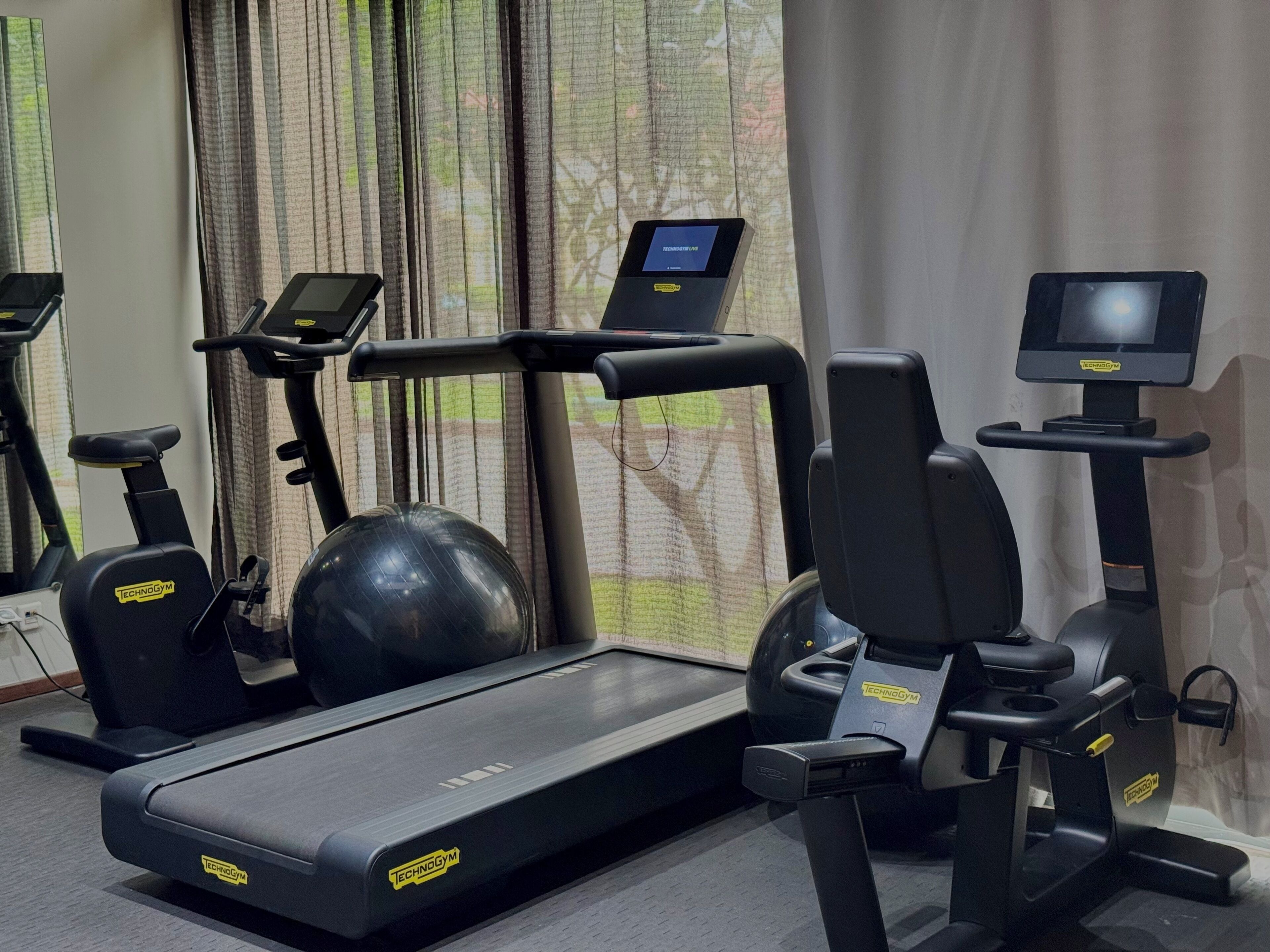 Un gimnasio con cintas de correr, elípticas y pelotas de ejercicio.