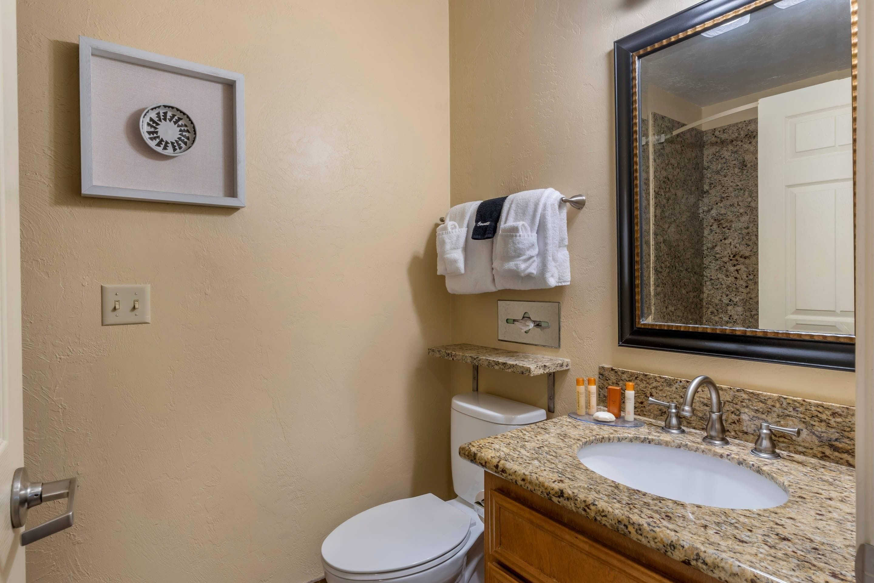 A bathroom with a white toilet, a sink with a granite countertop, a mirror, and a framed picture on the wall.