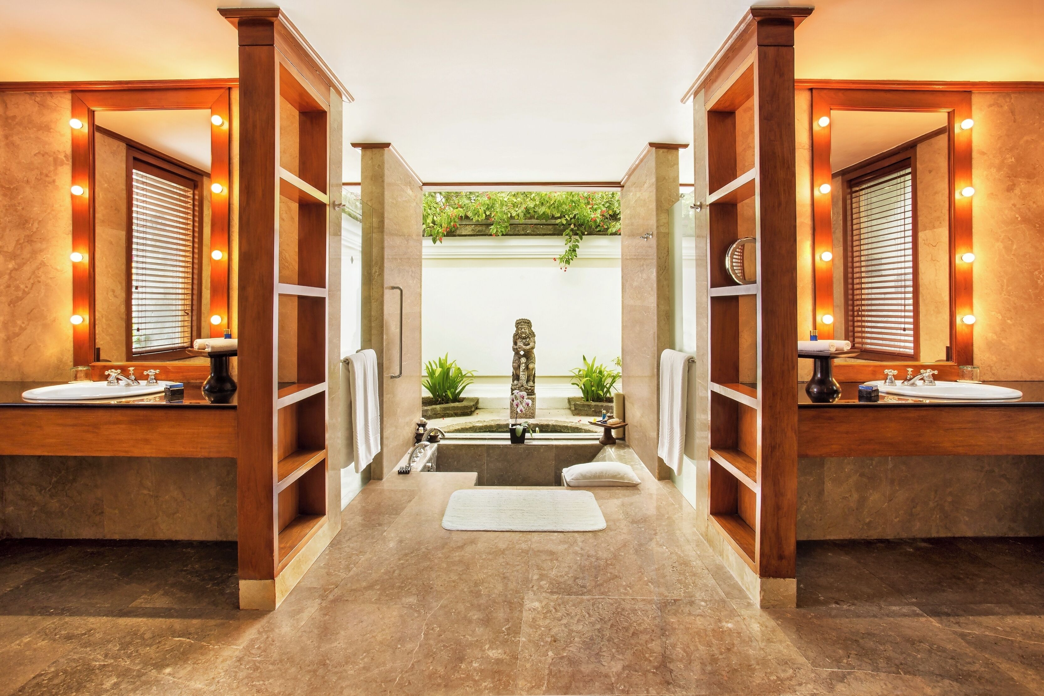 separate bathtub and shower, deep-soaking bathtub, designer toiletries