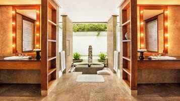 Separate bathtub and shower, deep-soaking bathtub, designer toiletries