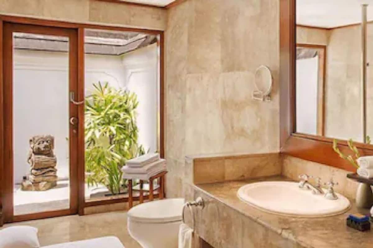 separate bathtub and shower, deep-soaking bathtub, designer toiletries