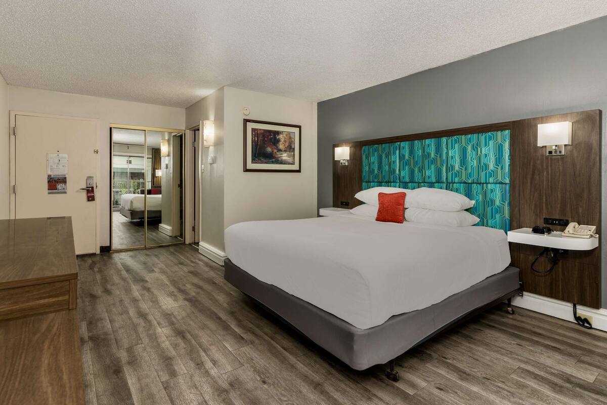 A hotel room with a large bed, a bedside table, a nightstand, a mirror, and a view of the hallway.
