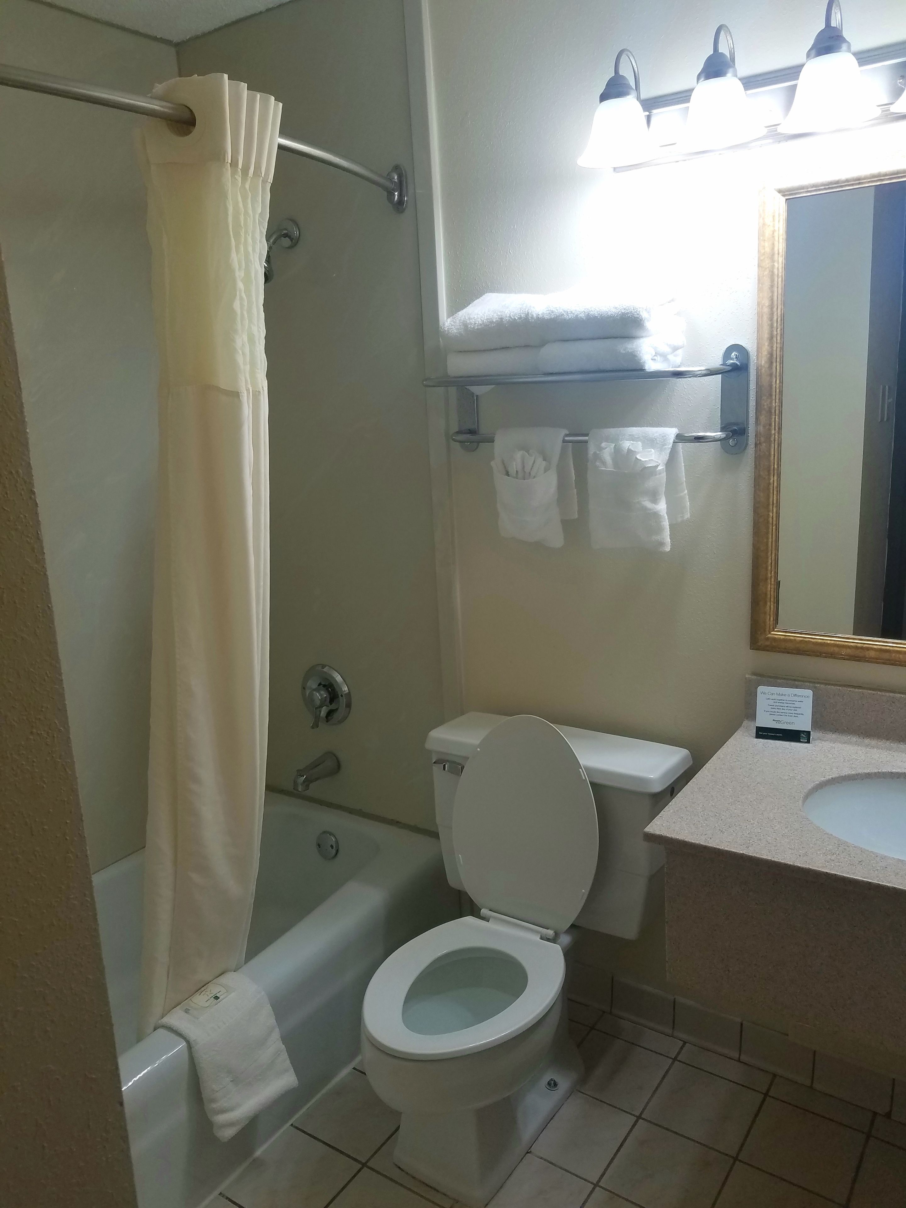 Un baño con inodoro, lavabo, cortina de ducha, toallero y espejo.