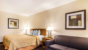 A hotel room with a bed, bedside table, lamp, and a sofa.