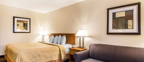 Une chambre d’hôtel avec un lit, une table de chevet, une lampe et un canapé.