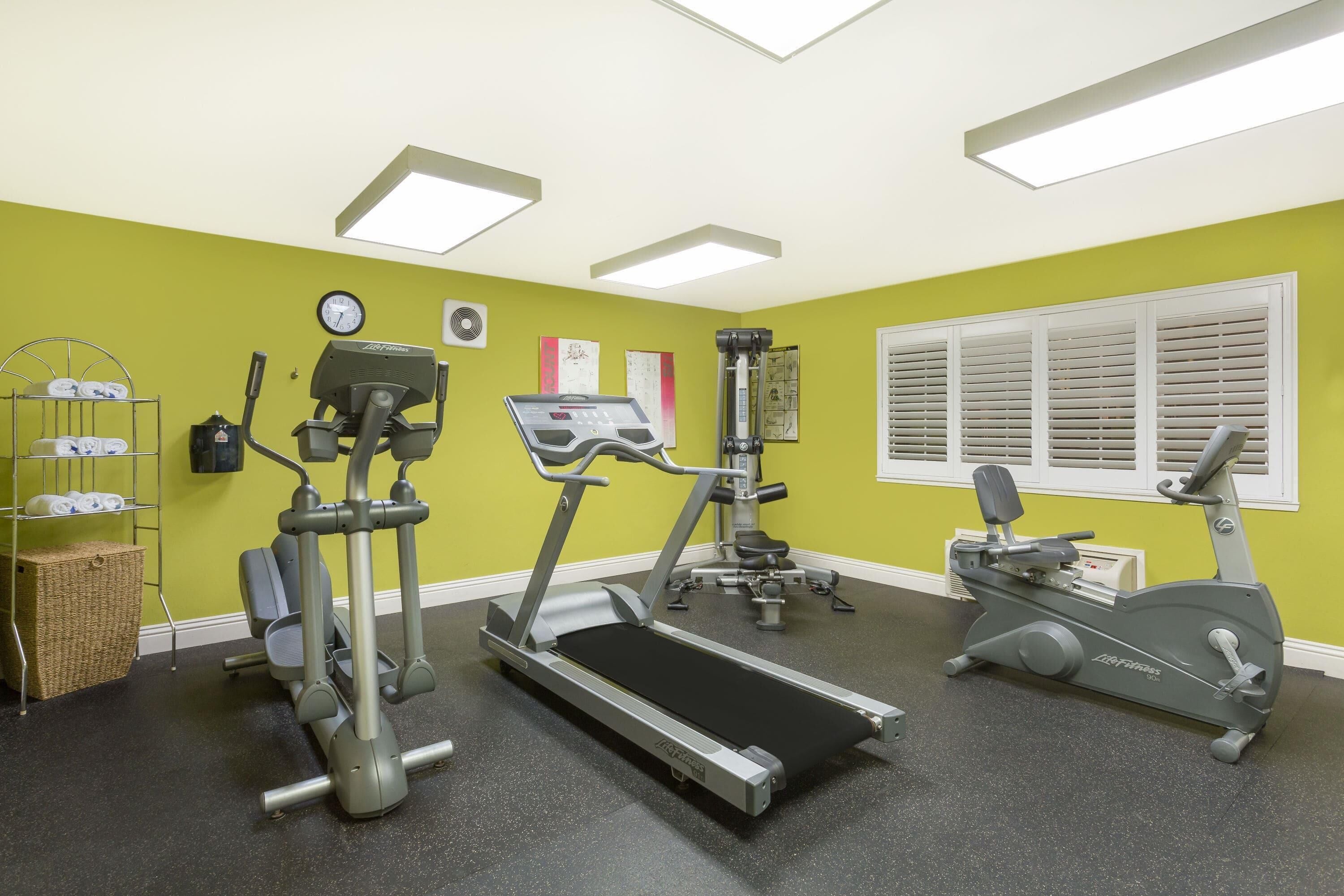 A gym with treadmills, elliptical machines, and a wall clock.