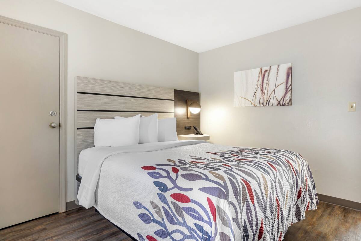 A bedroom with a bed, bedside table, and a wall-mounted lamp.