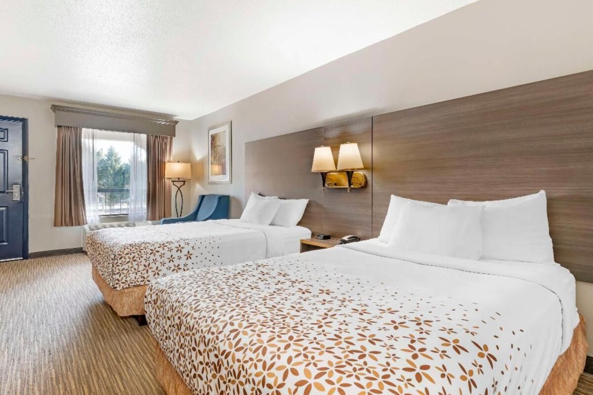 Een hotelkamer met twee bedden, een bureau, een stoel, een lamp en een raam.