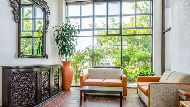 A spacious room with large windows, a sofa, a coffee table, and a decorative cabinet.