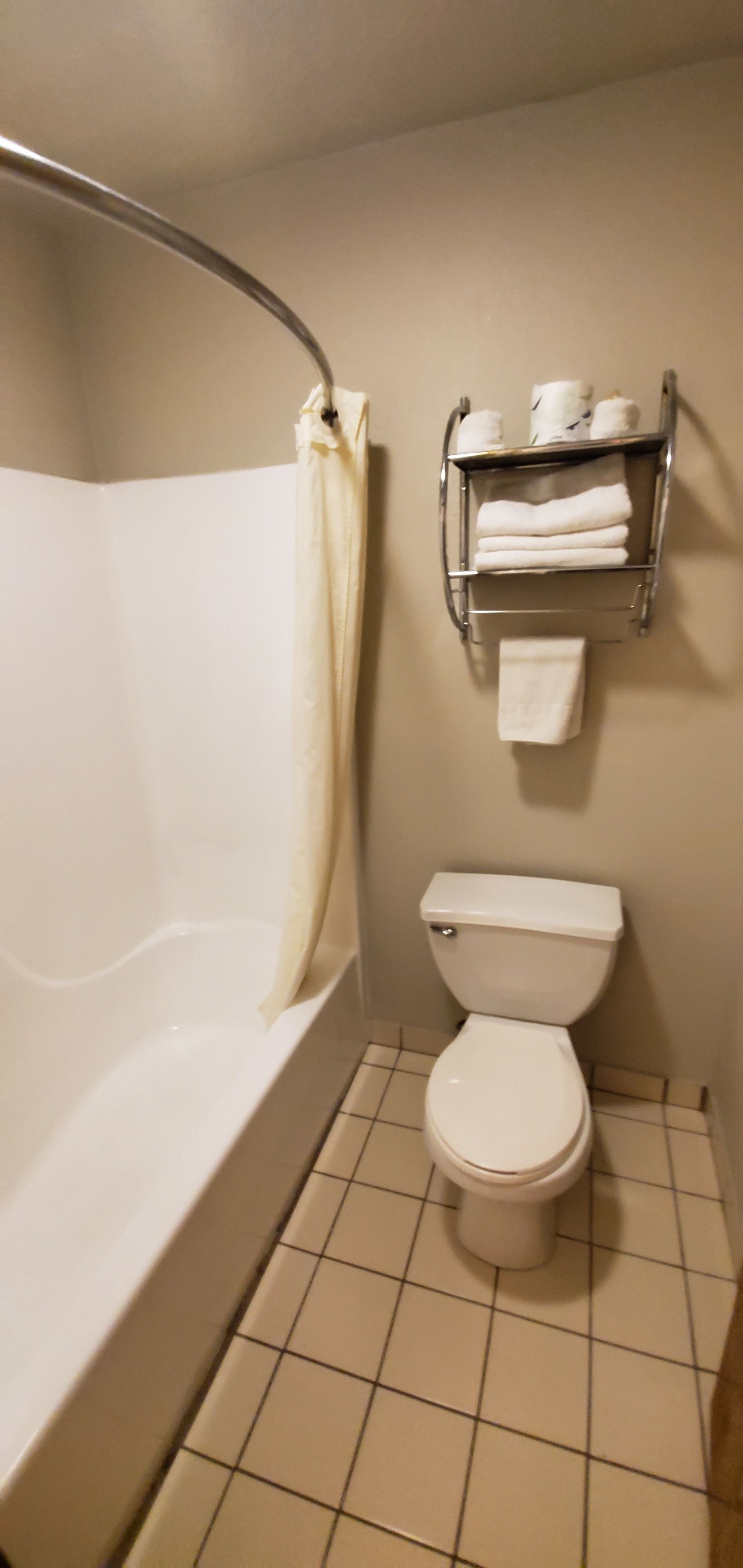 A bathroom with a bathtub, toilet, and a towel rack with towels.