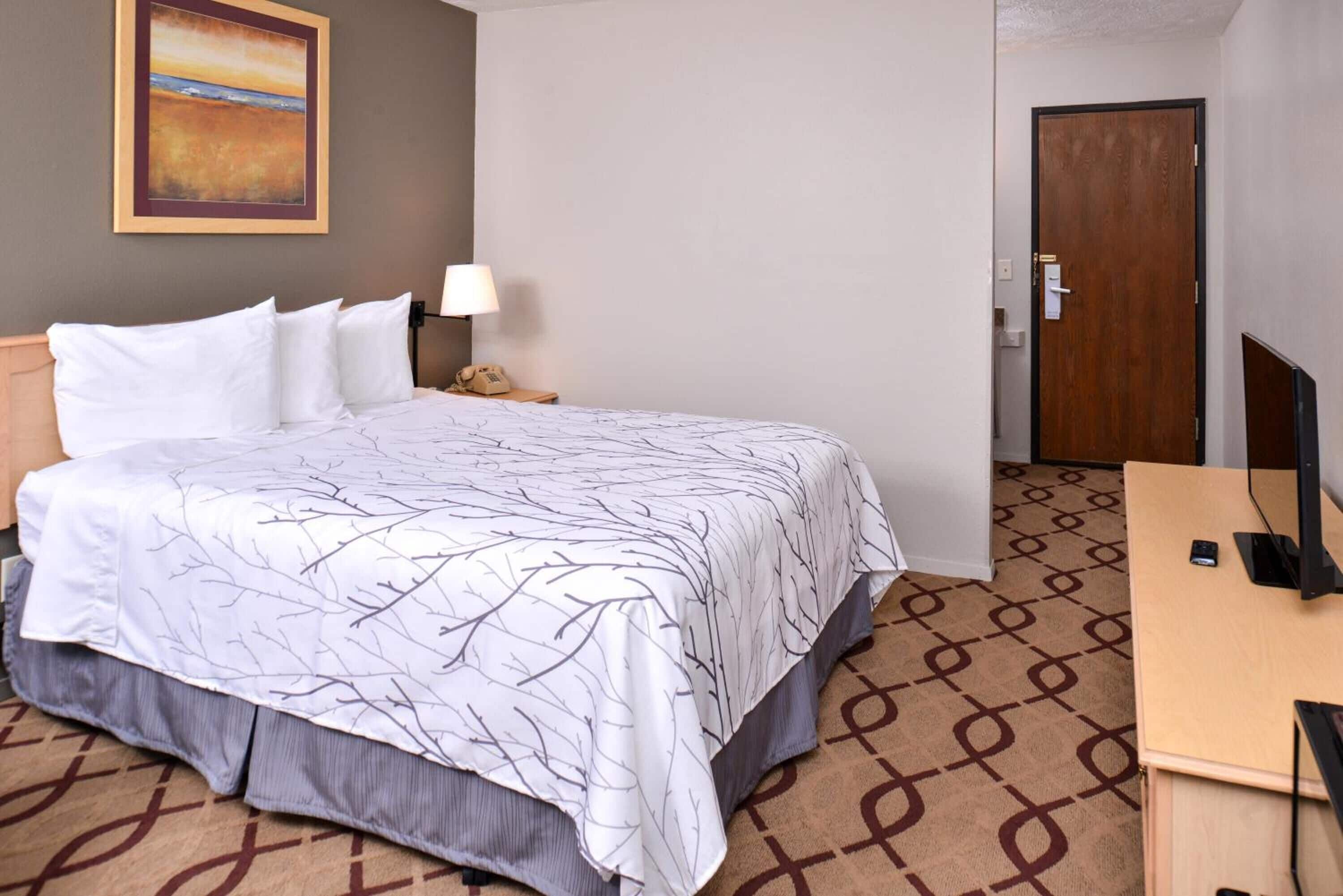 A hotel room with a bed, a desk, a lamp, and a door.