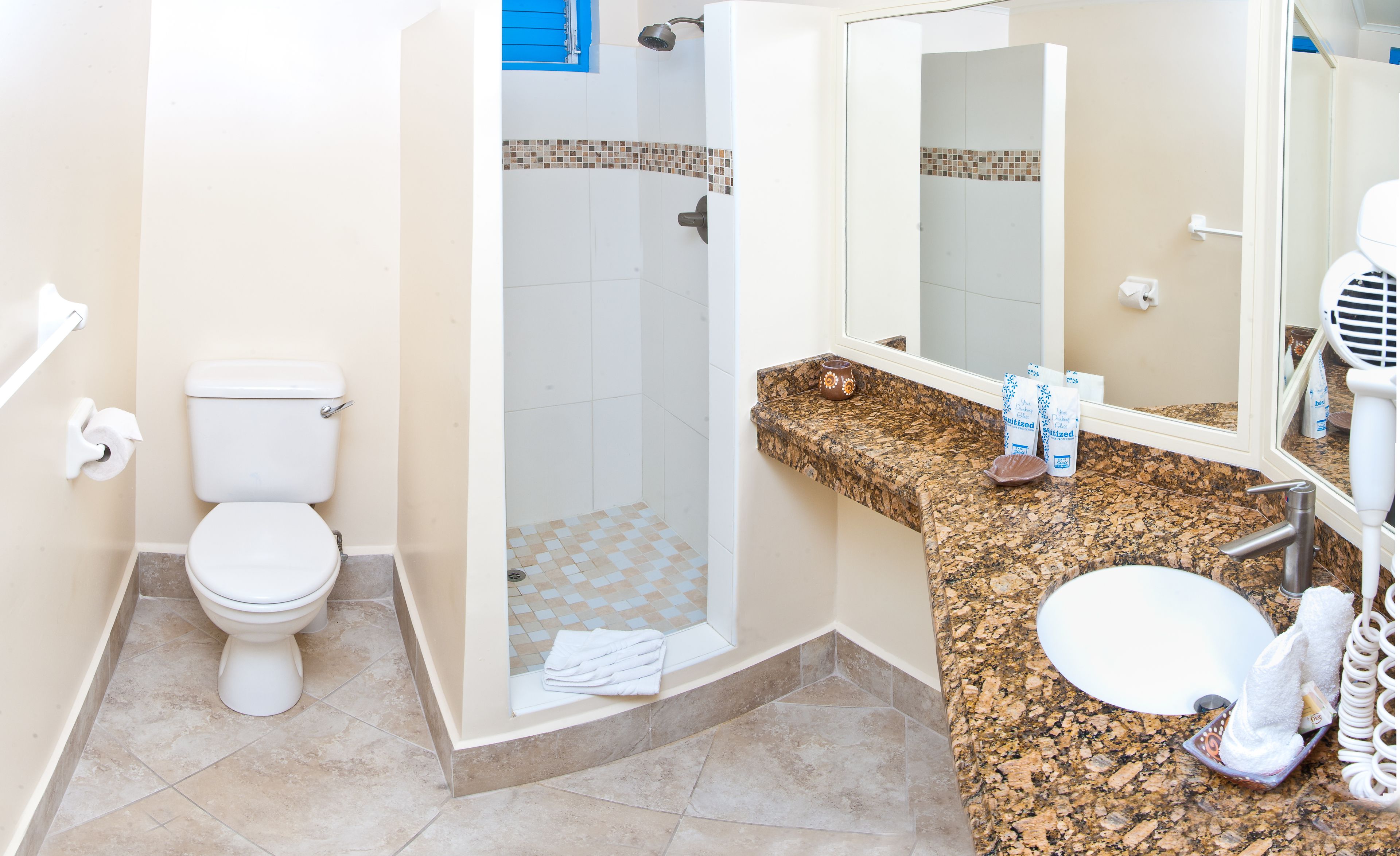 shower, eco-friendly toiletries, hair dryer, towels