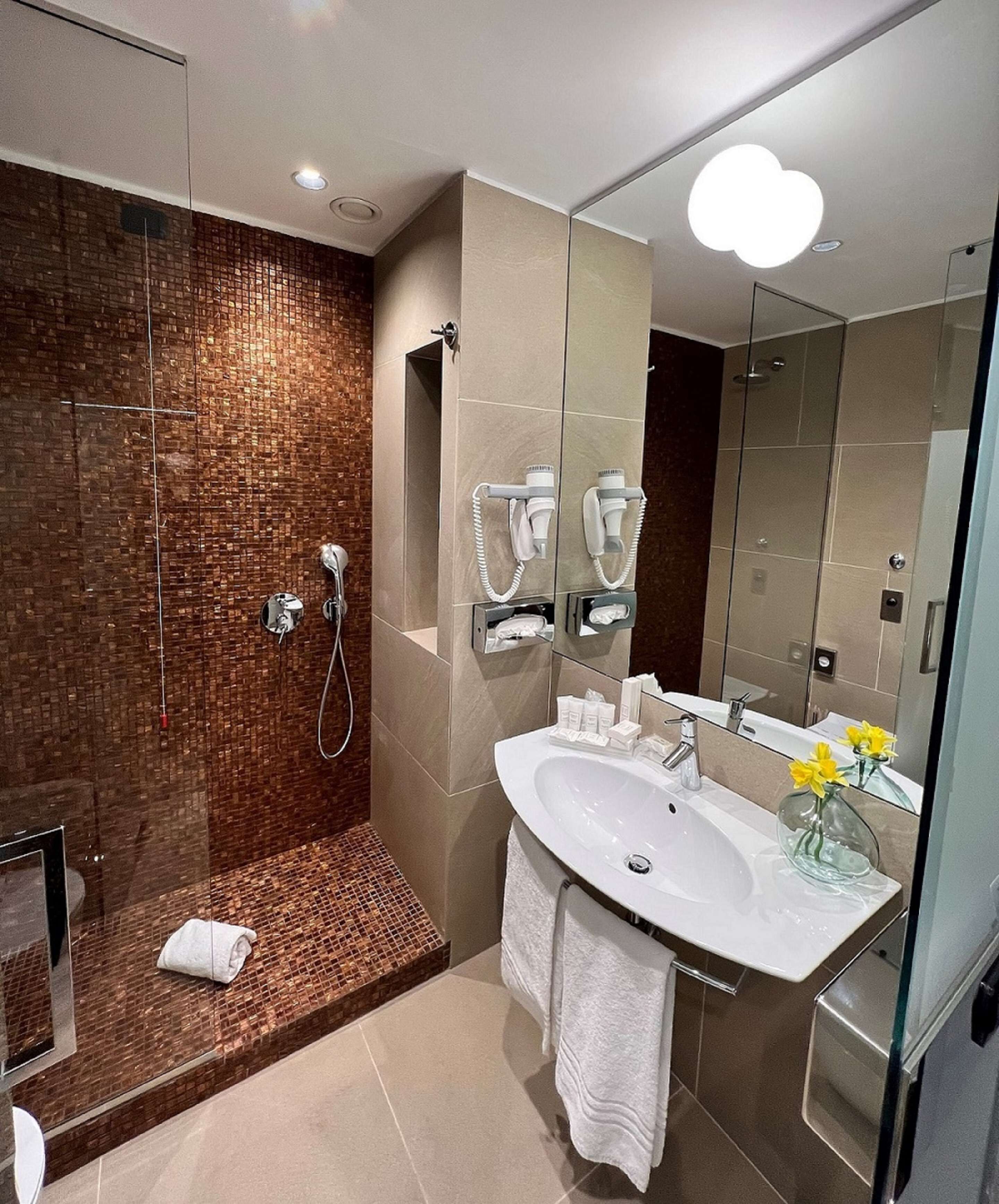 rainfall showerhead, eco-friendly toiletries, hair dryer, bidet